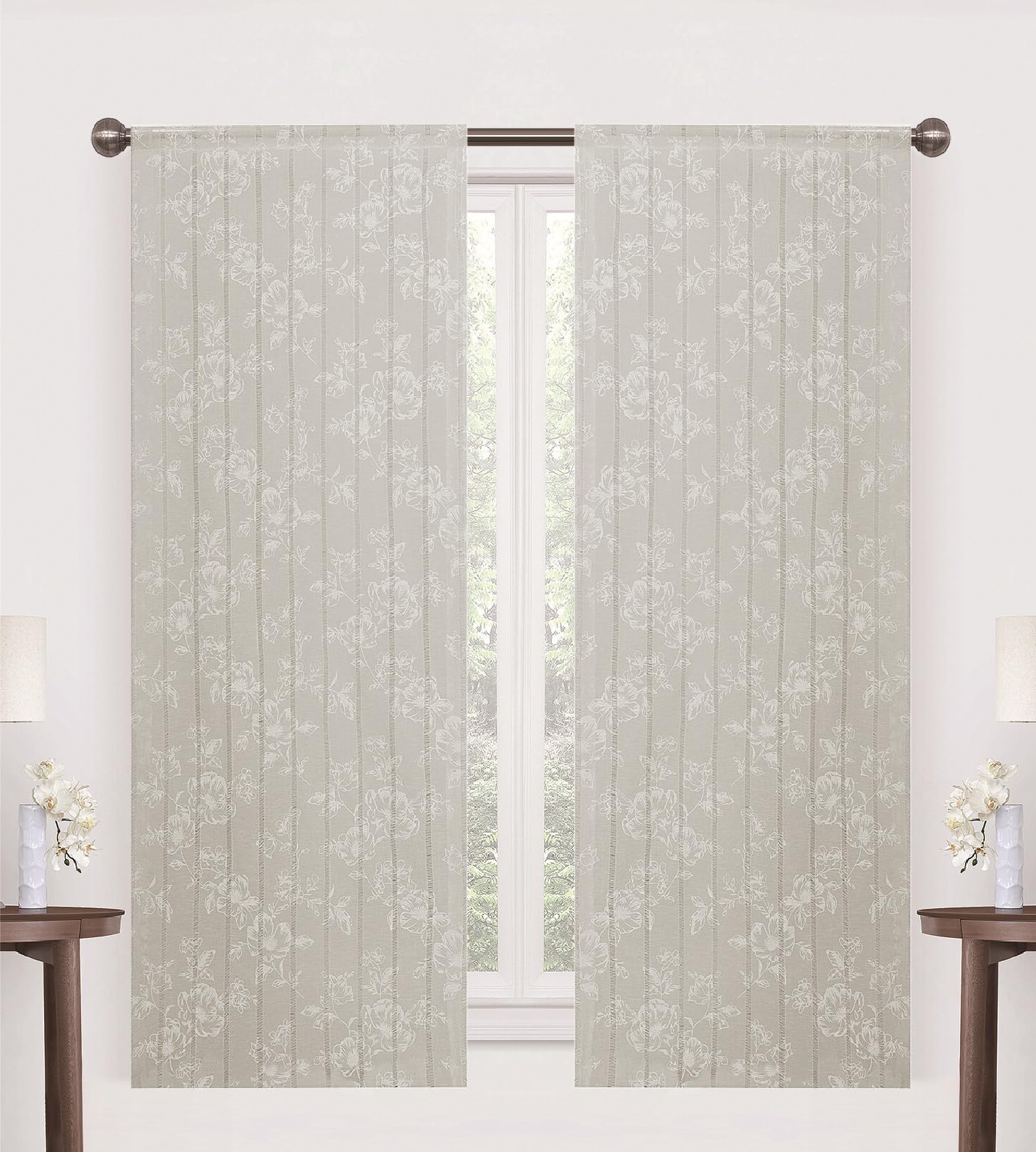 HOME ZEN HOUSEHOLD LINEN Art Clara - Cortinas para ventana y puerta, 60 x 150 / 240 cm, tejido de linón semitransparente con estampados florales blancos, con muescas (ECRU, 60 x 150 cm)
