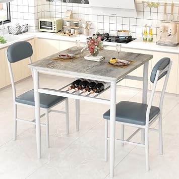3 Piece Dining Table Set, Small Kitchen Table Set for 2 with Chairs, Grey