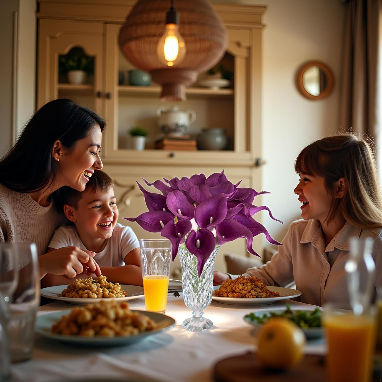 Mother's Day Artificial Calla Lily Flowers 18 Pack 14 Inch Purple PU Real Touch Faux Stems for Home Decor, Table Centerpieces, Entryway Consoles, Wedding Bouquets, Office Floral Arrangements