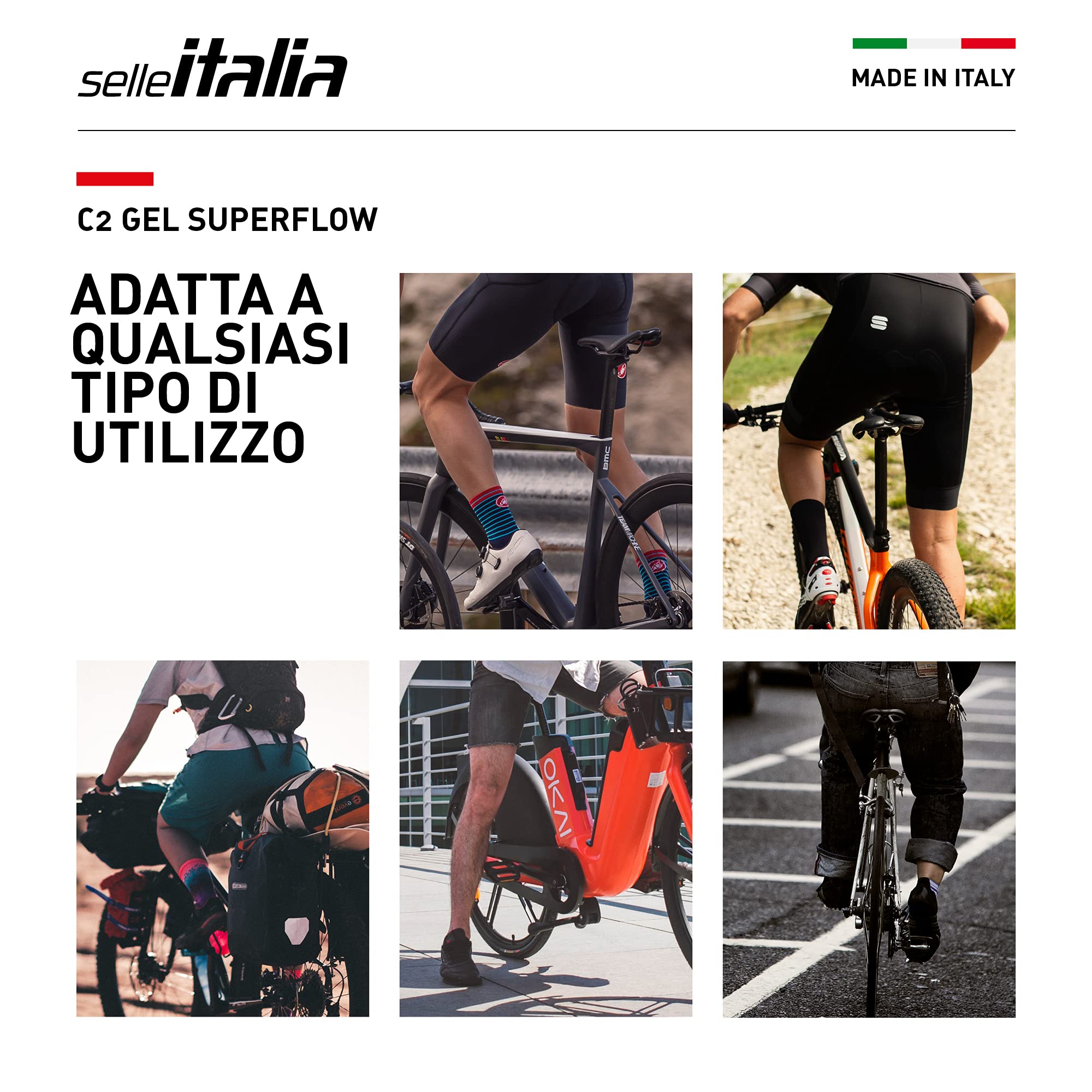 Selle Italia - Sattel für Rennrad C2 Gel Flow, Rail Manganese Rohr Ø7, Sattel Road Gran Turismo Faser-Tek, Comfort Gel, Stoßdämpfer