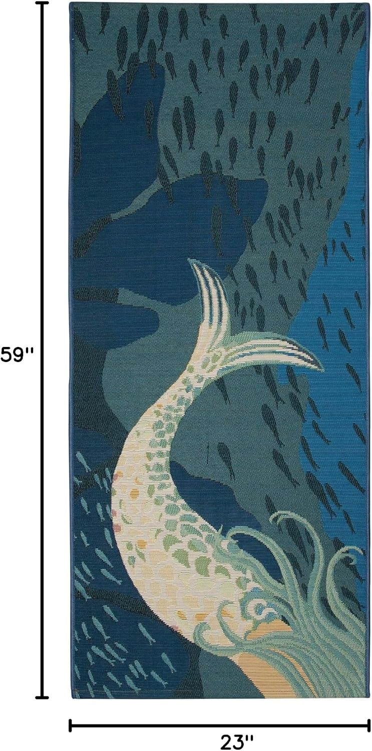 Liora Manne Esencia Machine Washable Non-Slip Low Profile Indoor/Outdoor Mat-Transitional, Coastal, Beach, Whimsical, Mermaids are Real Ocean 1'11" x 4'11"