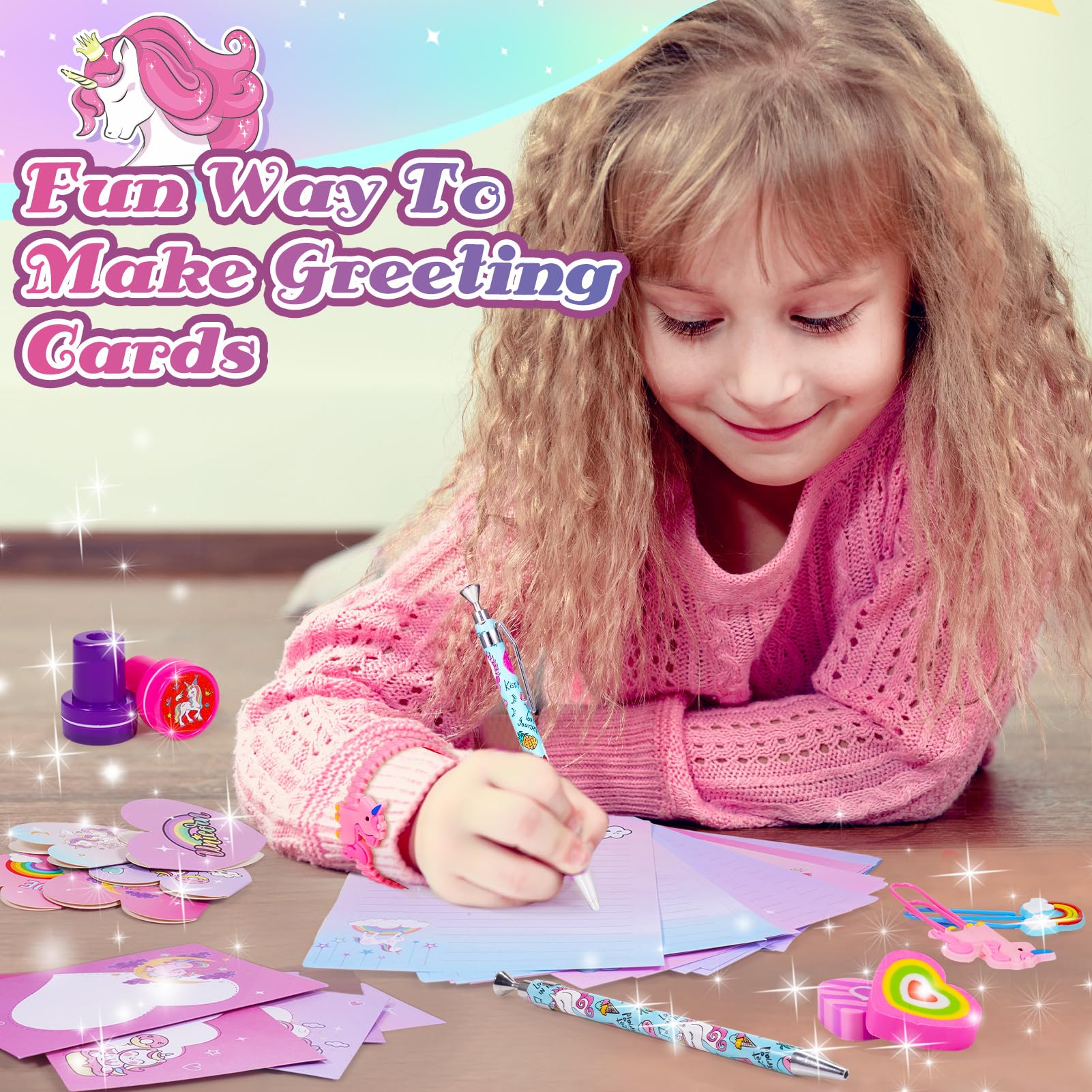 Geebiiny Cadeau Fille Licorne Papeterie Enfant Activités Manuelles Trousse Jouet Sticky Notes Set Scrapbooking 4-10 Ans