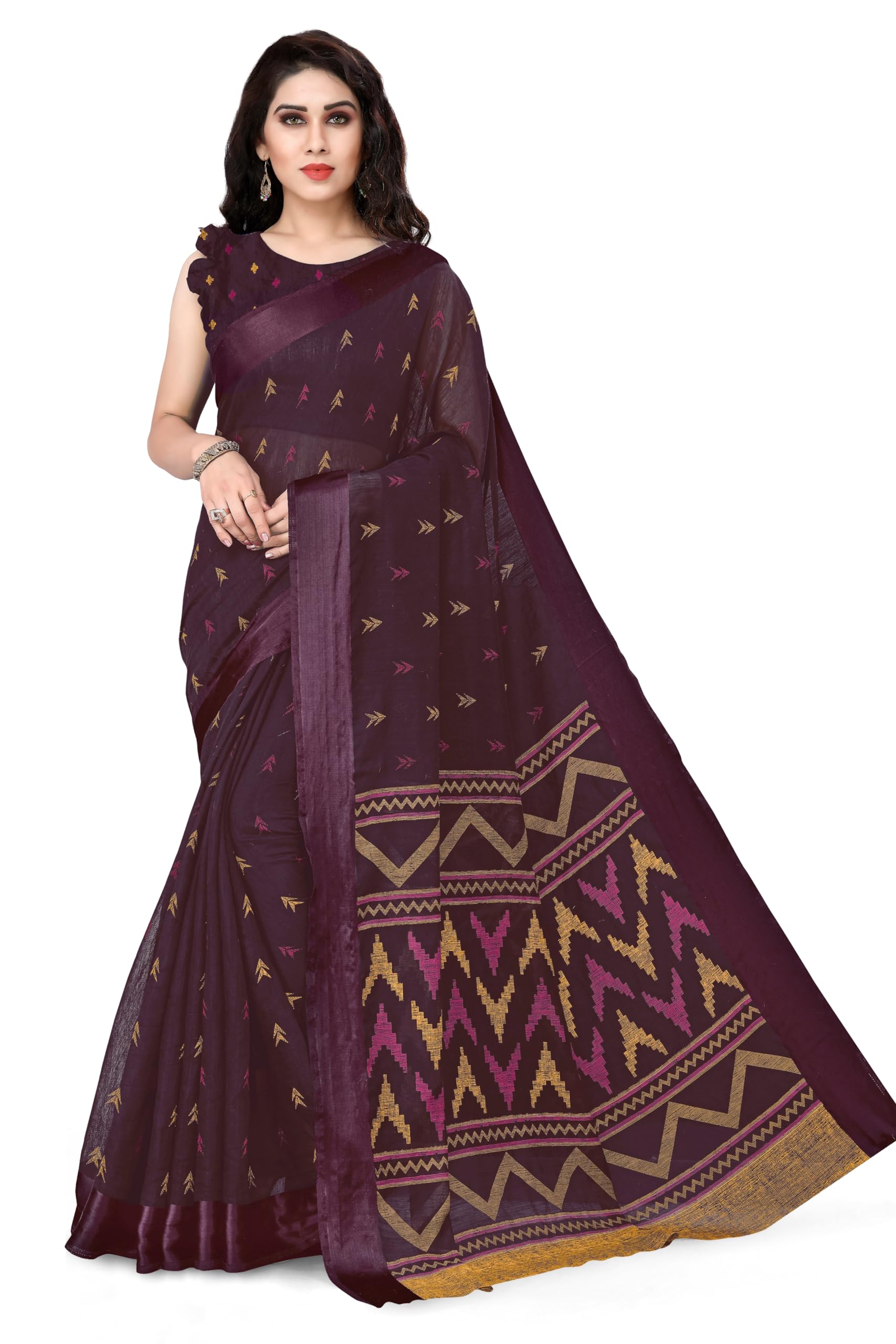 SOURBH Women's Colorful Printed Polyester Cotton Blend Saree with Blouse Piece