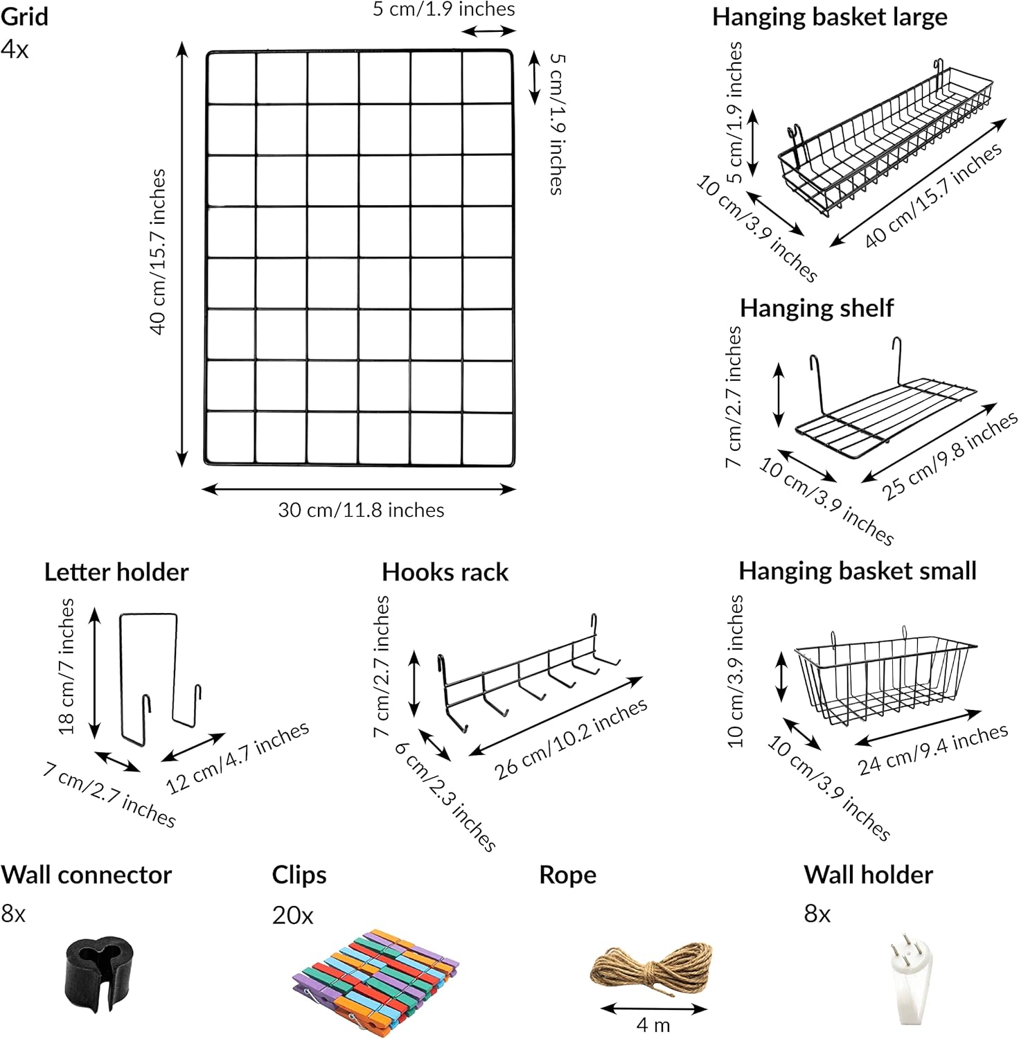 4 Pack Wire Wall Grid Panel With Accessories | Includes Hanging Baskets, Letter Sorter, Shelf & Hook Rack | Grid Wall Panels | Photo Grid | Hanging Home, Office & Kitchen Décor