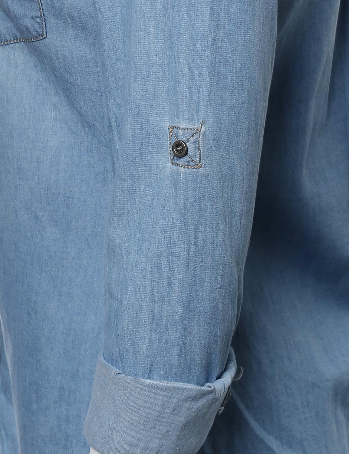 Made by Emma Women's Junior Fit Basic Button Closure Roll Up Sleeves Chest Pocket Denim Chambray
