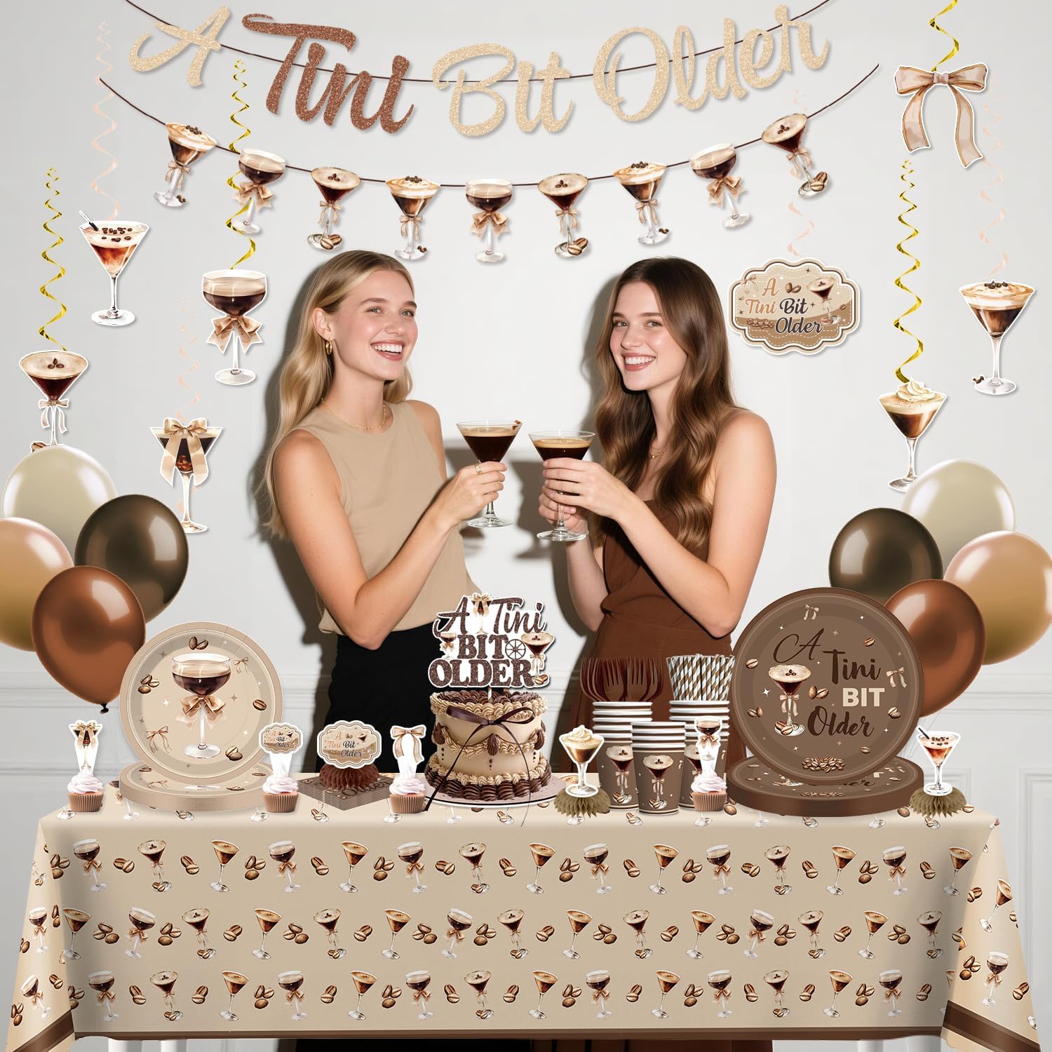 Xynic 355pcs A Tiny Bit Older Birthday Tableware Set, Serves 50 Guests, A Tiny Bit Older Birthday Decorations includes Banner, Paper Plates, Cake Topper, Tablecloth, for Espresso Martini Theme Party