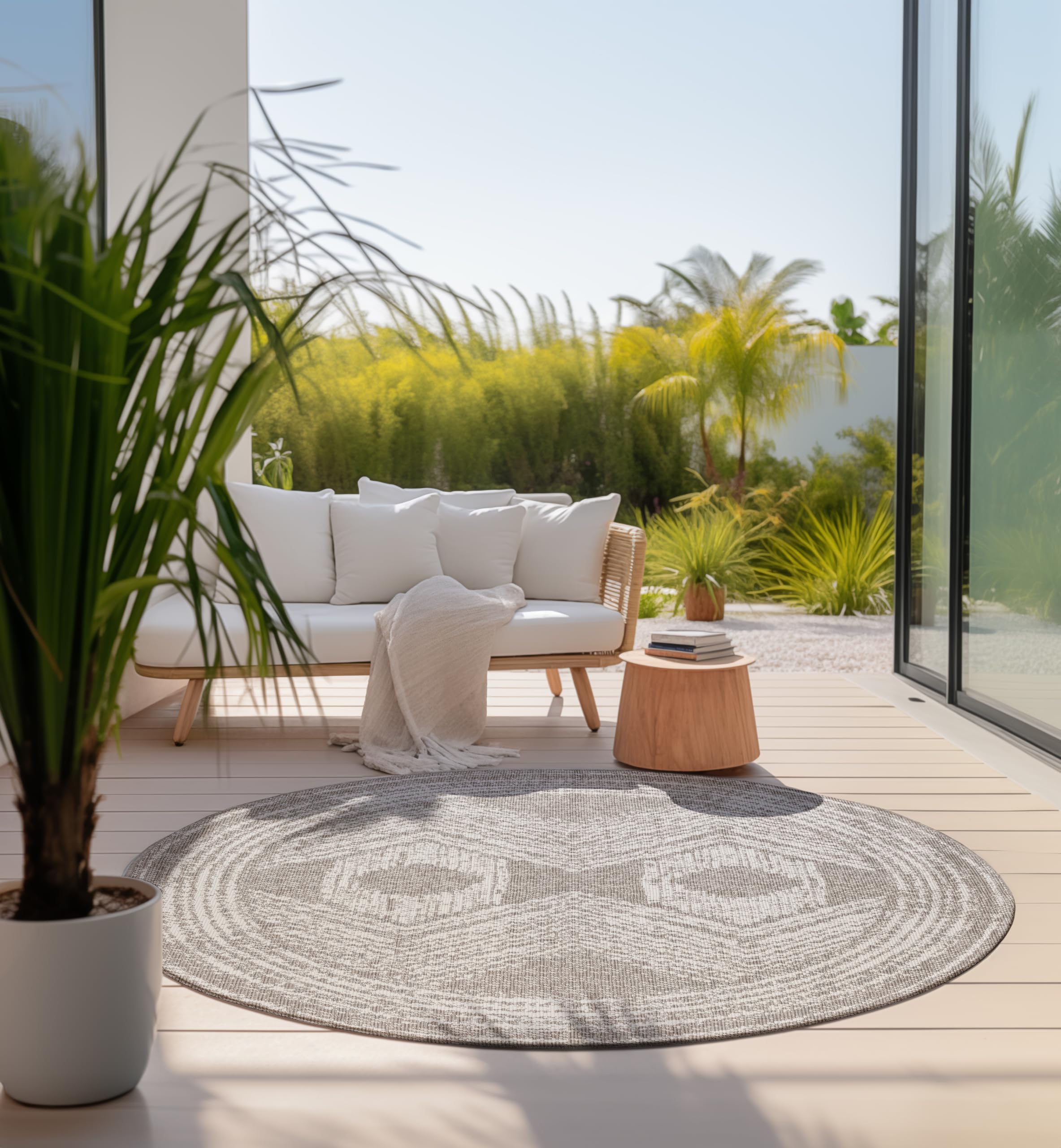 ELLE Decoration Alfombra Redonda para Interior y Exterior, Reversible, Resistente a la Intemperie y al Agua, Moderna, Bohemia, étnica, Redonda, para jardín, balcón, terraza, salón, Lino, 100 cm