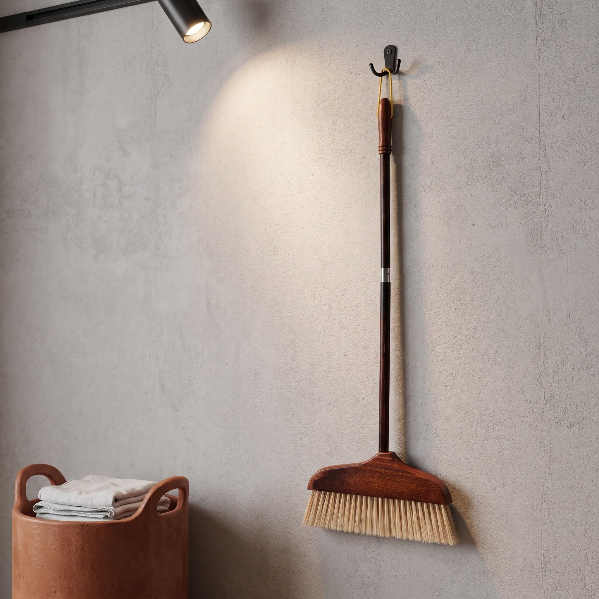 INOOMP Scopa Wood Home con setole morbide, manico lungo, colore marrone.