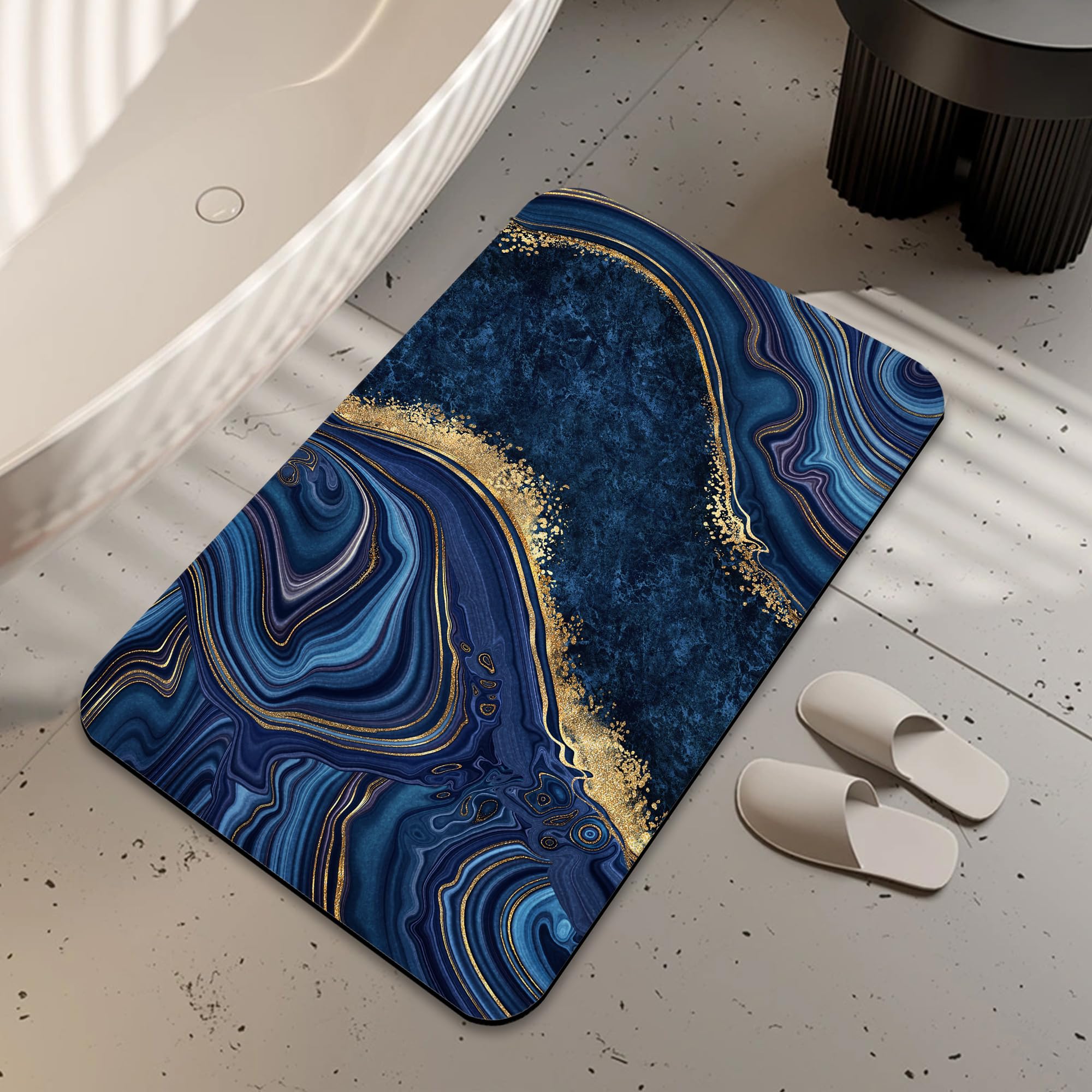 LUOENY Non-Slip Bath Mat 75x43 cm, Absorbent Quick Drying Thin Bathroom Mat for Bathtub Side Floor, Easy to Clean, Dark Blue Gold Marble