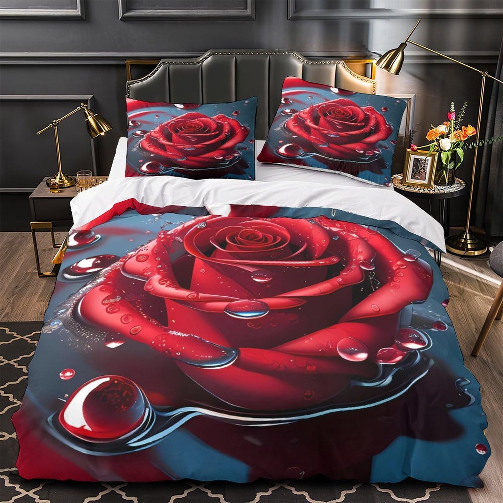 Housse de couette rose rouge 3D en microfibre Super King 260x220 cm avec 2 taies d'oreiller