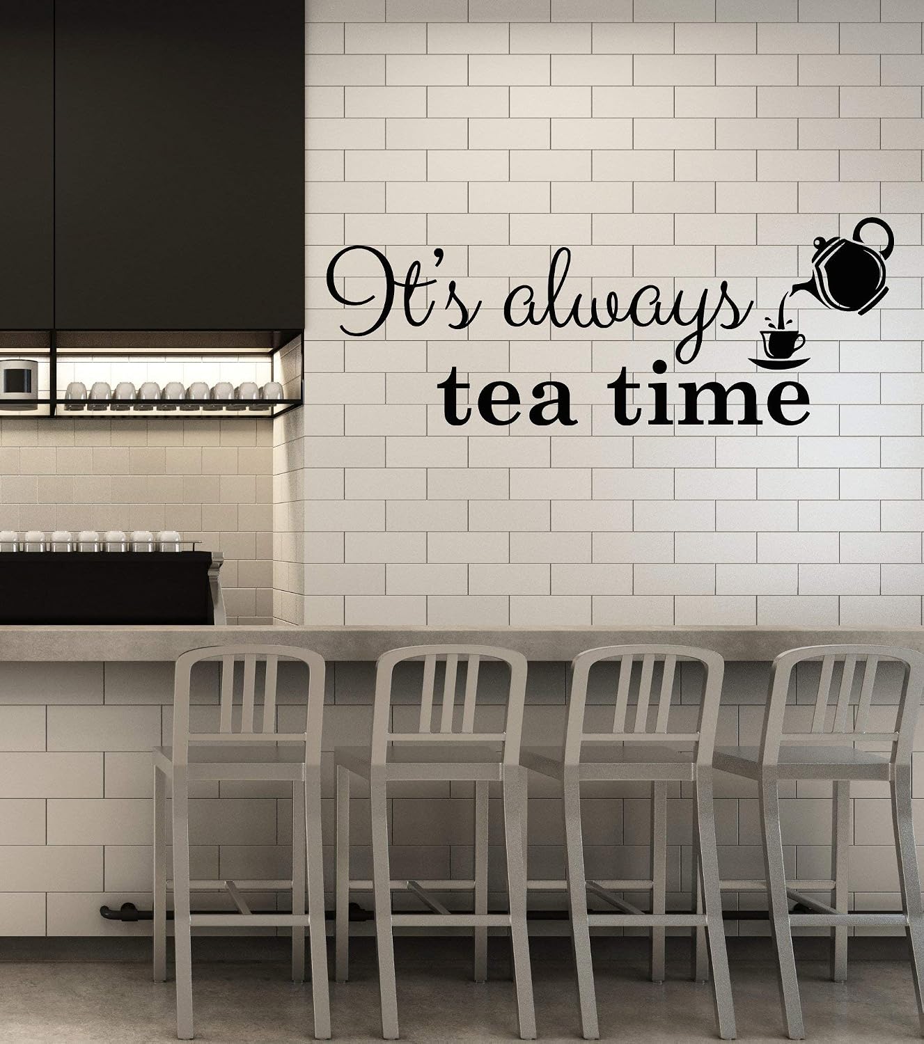 Large Vinyl Wall Decal It's Always Tea Time Cup Teapot Kitchen Cafe Decor Stickers Mural (g1350) Black