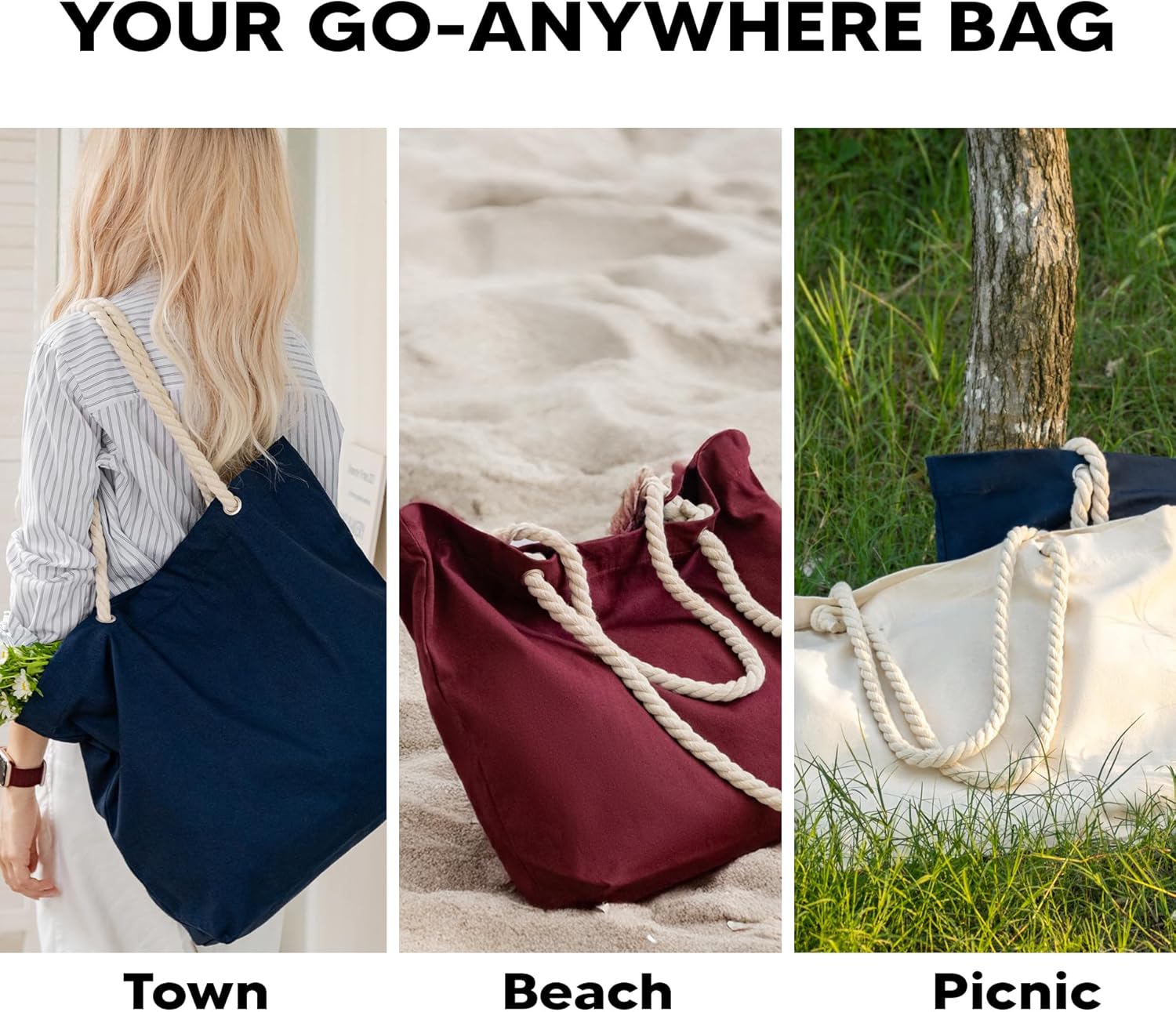 1 | 3 | 6 | 12 | 60 Pack 100% Cotton Beach Tote Bag – Reusable Shoulder Bag for Women, Shopping, Pool, Gym - Image 2