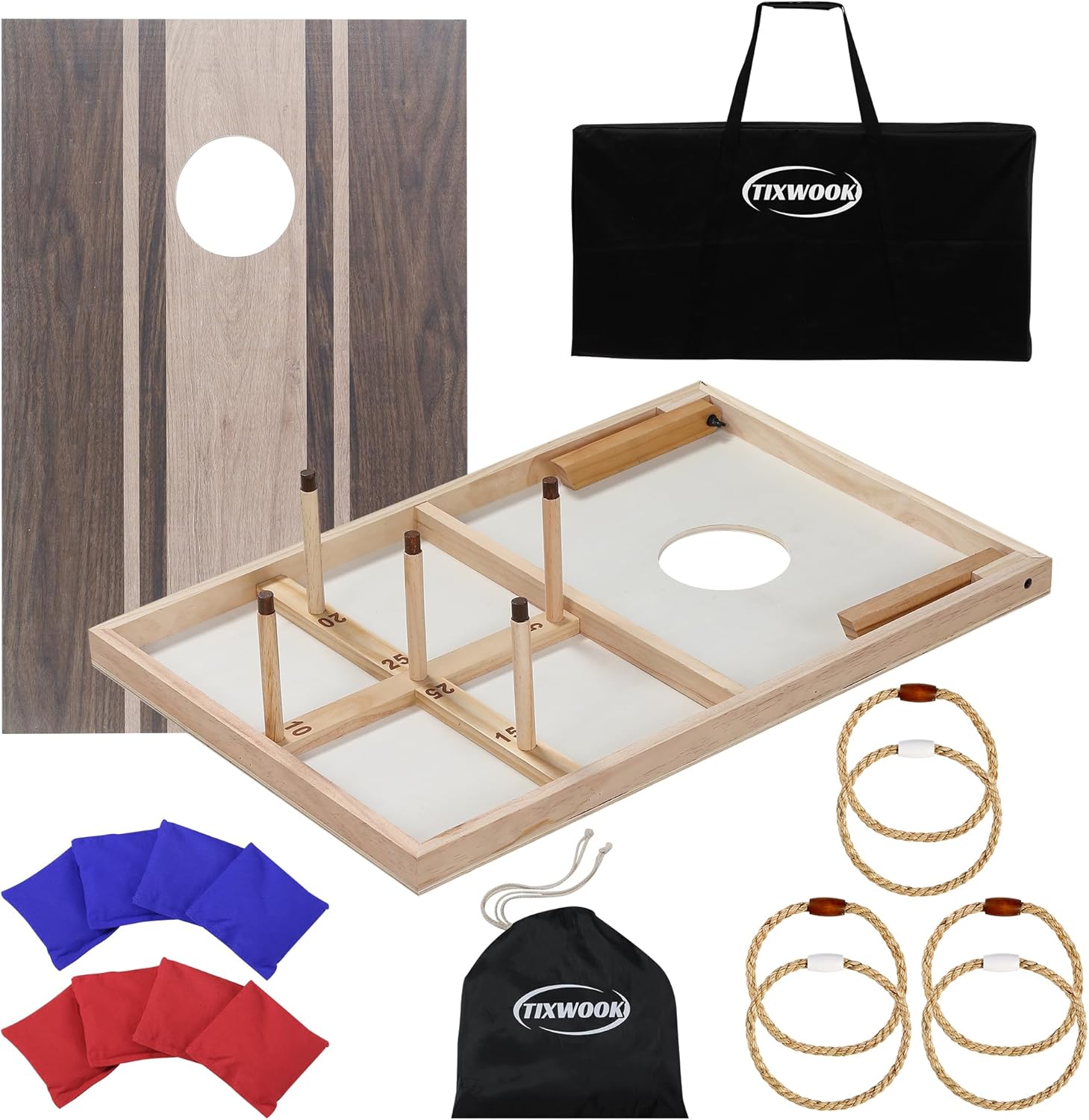Cornhole Board Set with Ring Toss Game, Soild Wood Cornhole Game Set with 8 Bean Bags and 2 Cornhole Boards, 3x2 ft Premium Corn Hole Games for Adults and Family