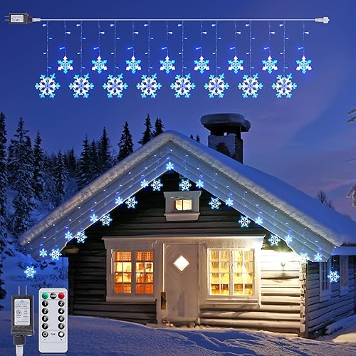 Minetom Luces de carámbano de copo de nieve de Navidad para exteriores, 13 pies, 16 gotas, 192 luces LED de copo de nieve, conectables para disponible en Yaxa Peru