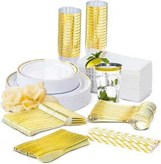 250 Pcs Gold Plastic Dinnerware Set, Disposable Gold Plastic Party Plates and Cups and Napkins Sets, Appetizer Plates, Wedding Fancy Gold Plates and Napkins Party Supplies, 30 Guests