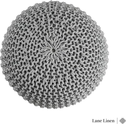 LANE LINEN Hand Knitted Cable Style Dori Pouf - Silver Grey, Floor Ottoman - 100% Cotton Braid Cord - Handmade & Hand Stitched - Truly one of a Kind Seating - 20 Diameter x 14 Height thumbnail 3