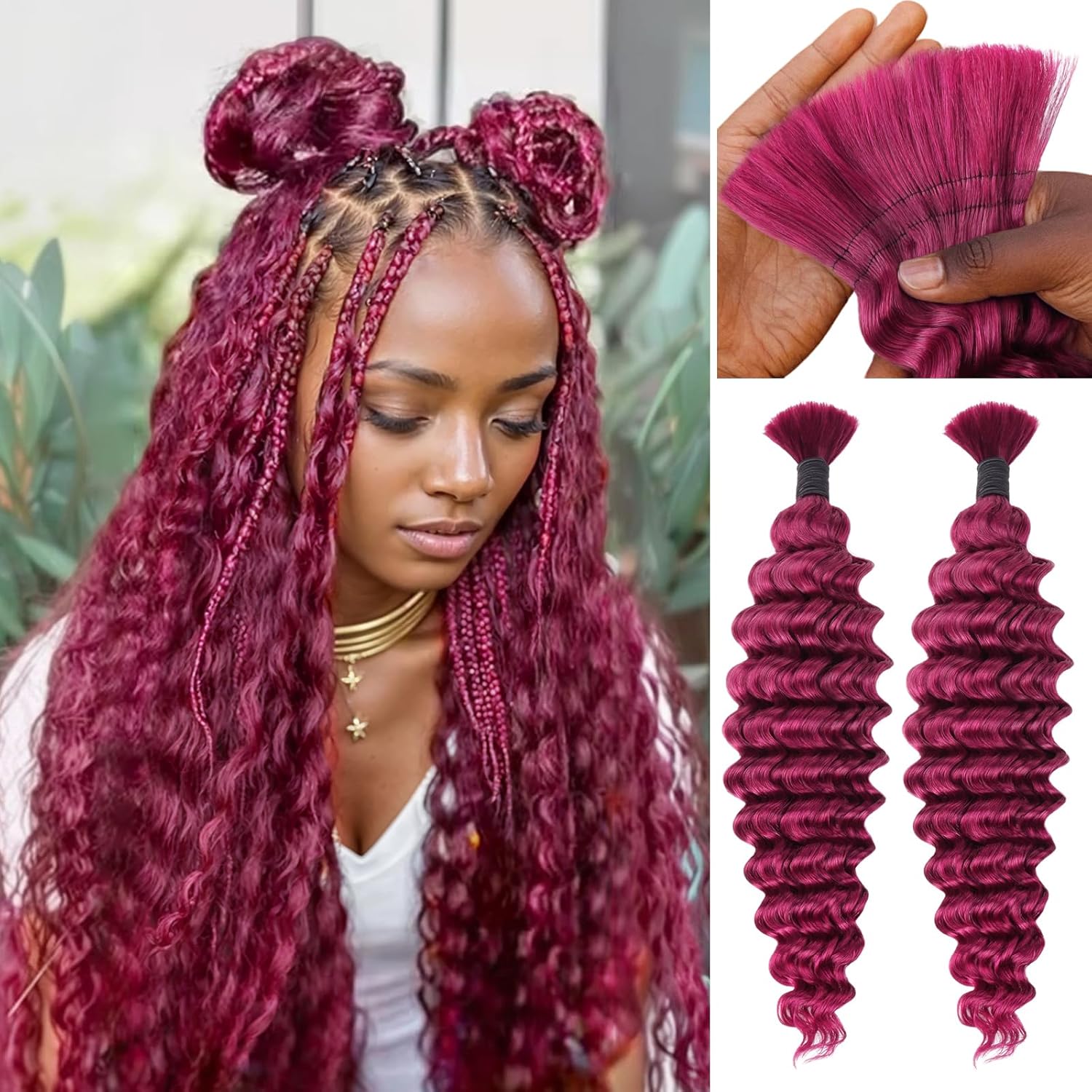 IDN BEAUTY Pre Divided Human Braiding for Boho Braids Hair Extensions, 22 Inch 100g 99J Burgundy Deep Wave Human Hair for Braiding Bohemian No Weft 12A Virgin Brazilian Wet and Wavy