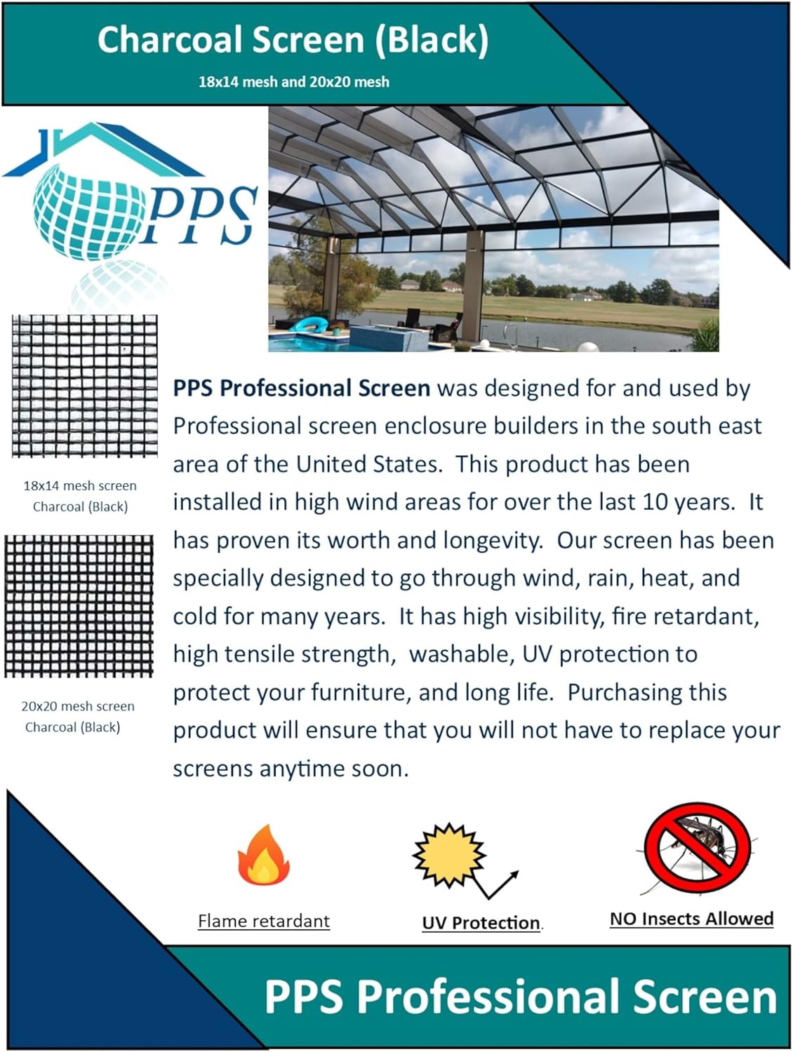 6' x 25' - 18x14 mesh Fiberglass Screen (72" x 25'), Charcoal Color (Black), Usages are Lanais, Pool Enclosures, Screen Rooms, Window Screen, UV Protection Screen, 20x20 No-See-Um Available.