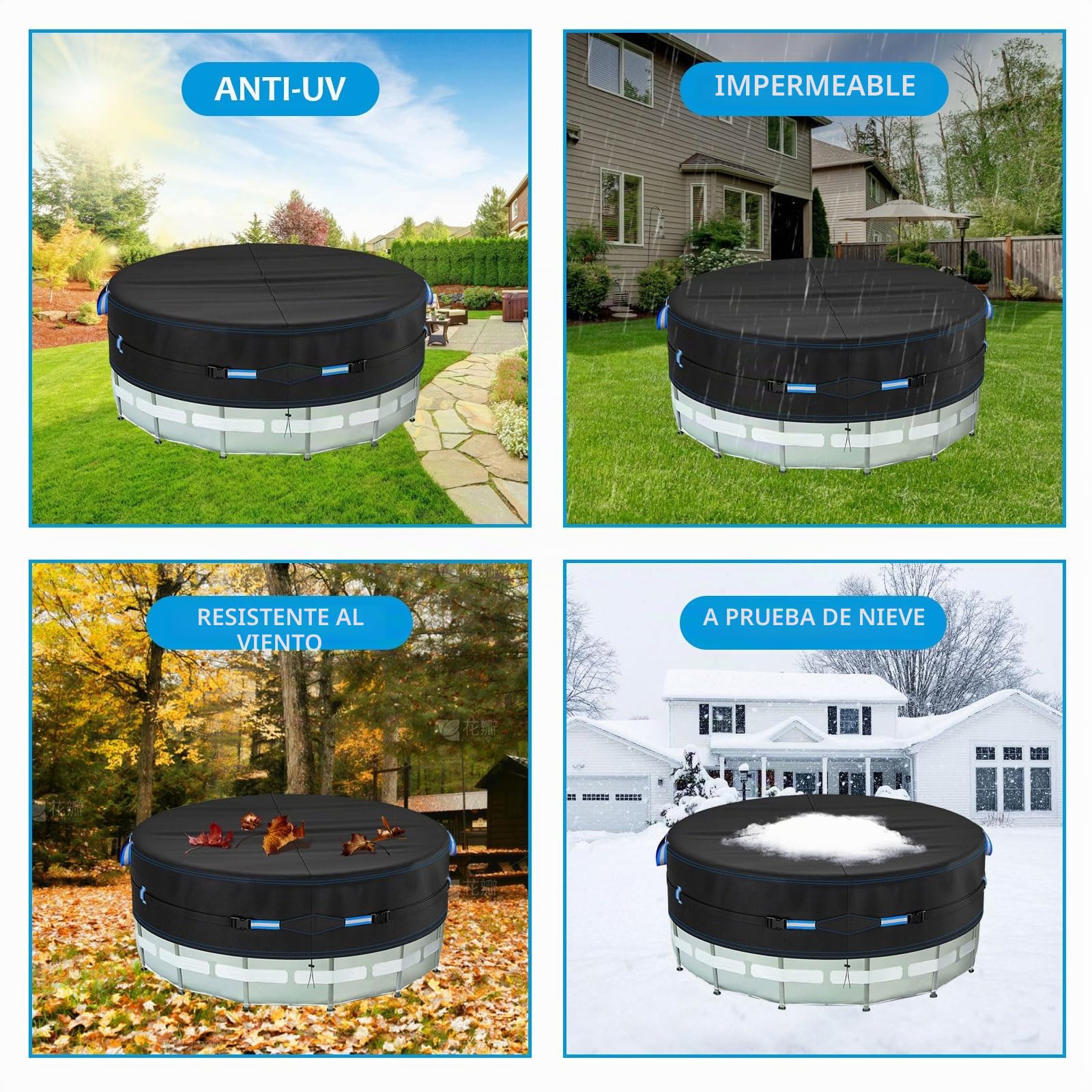Cobertor Piscina Redondo 366cm, Tarea Pesada 420D Oxford Lona Piscina, 12FT Lona de Piscinas de Invierno y Verano, Resistente al Agua al Polvo y al Desgarro, con Cordón y Tiras Reflectantes