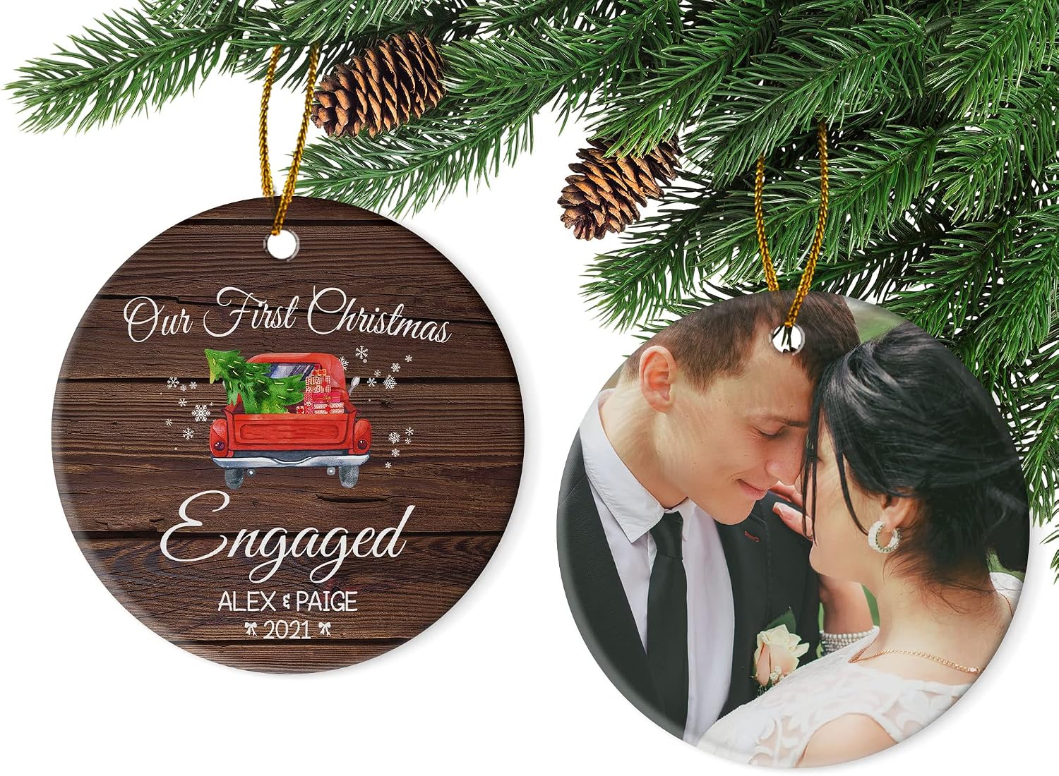 Our First Christmas Engaged 2022, Personalized Name Newly Married Ceramic Ornament, Custom Photo Ornament, Gift for Couple, Lover, Xmas Tree Ornaments Hanging, Customized Gift for Family