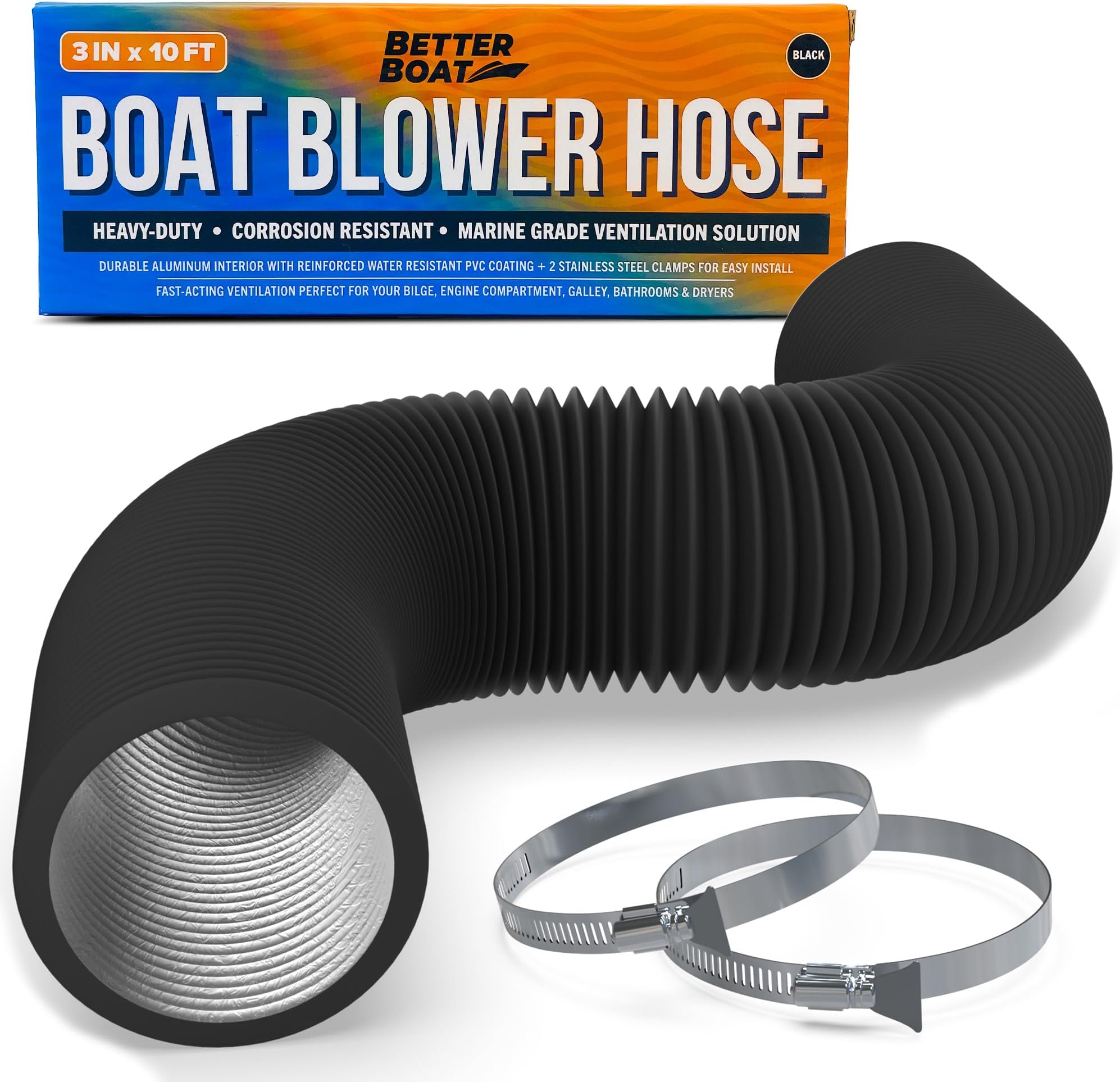 3 Inch Marine Exhaust Hose, 10' Black PVC with Aluminum Lining, Ideal for Bilge Blower, Galley, Engine Compartment, Bathroom Exhaust, Dryer Vent