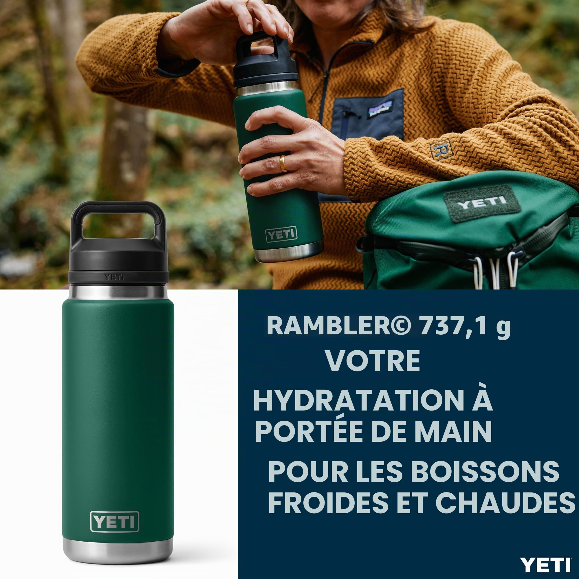 YETI Rambler Bottle Chug, Vacuum Insulated Stainless Steel Bottle with Chug Cap, Black Forest Green, 26 oz (760 ml)