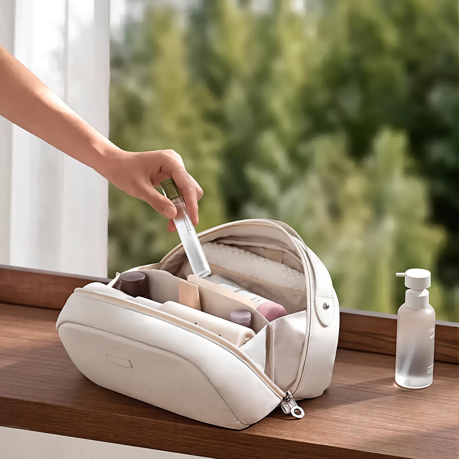 YDR Travel Makeup Bag for Women, Large Capacity Cosmetic Bag with Wide Opening, Partition Organizer, Elastic Bands & Mesh Pocket, Portable Toiletry Bag - Image 7