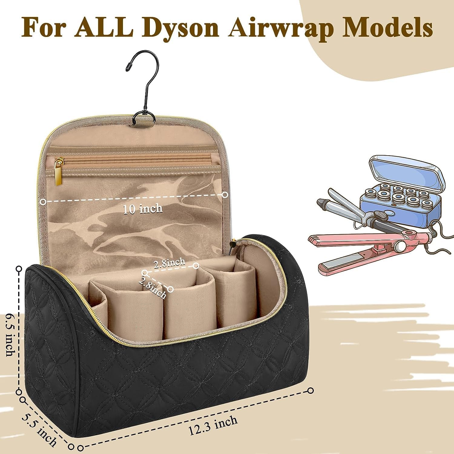 Padded Travel Case Compatible with Dyson Airwrap Complete Styler and Attachments, Portable Storage Bag with Metal Hanging Hook for Airwrap All Models, Long Barrels, Hair Curler Accessories, Blue+Black