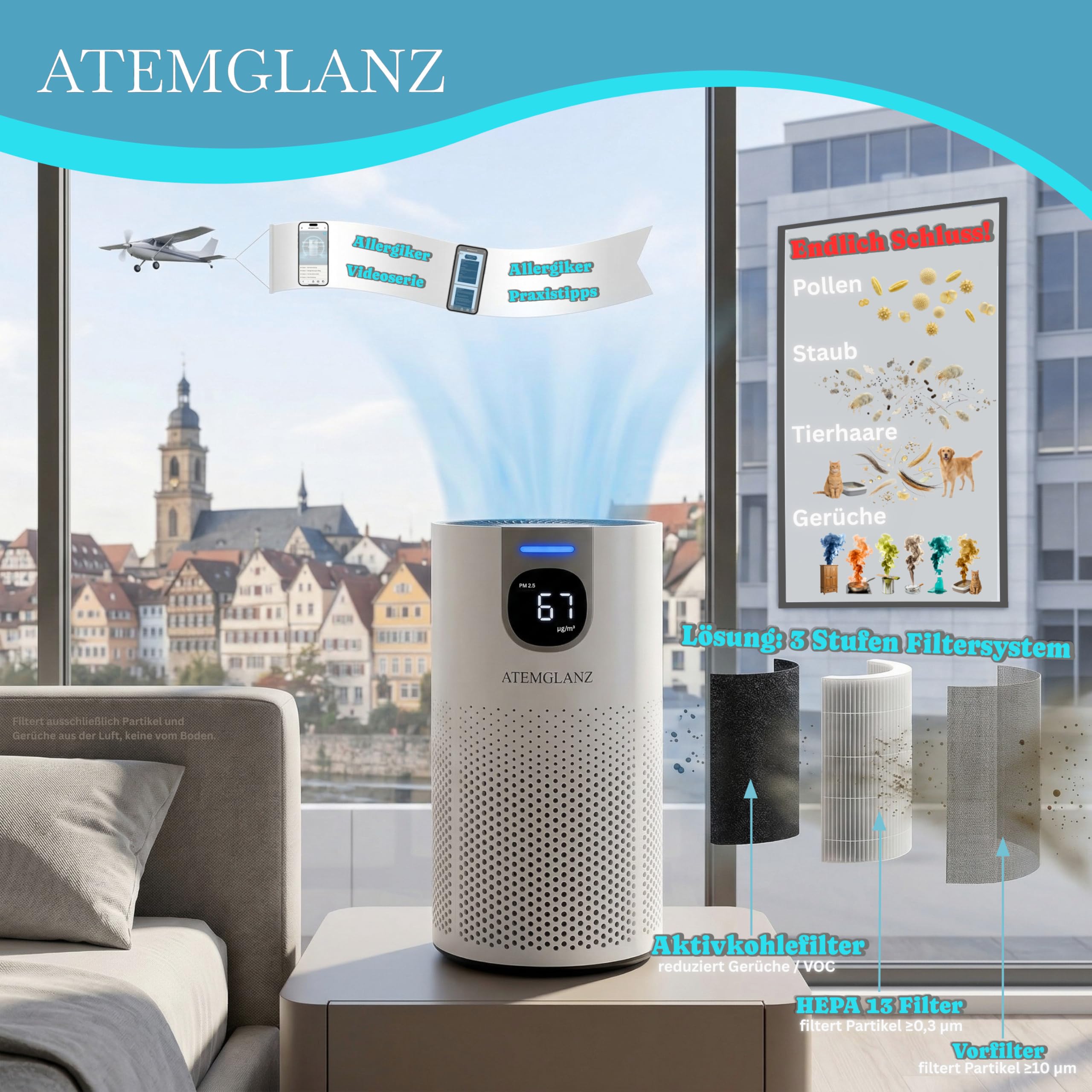 Allergiker Luftreiniger (Auto-Modus, PM2.5 Anzeige) HEPA + Aktivkohlefilter gegen Pollen, Staub, Tierhaare, Schimmel, Milben, Rauch, VOC, 18 dB, bis 80 m², CADR 250m³/h Asthma, Air Purifier
