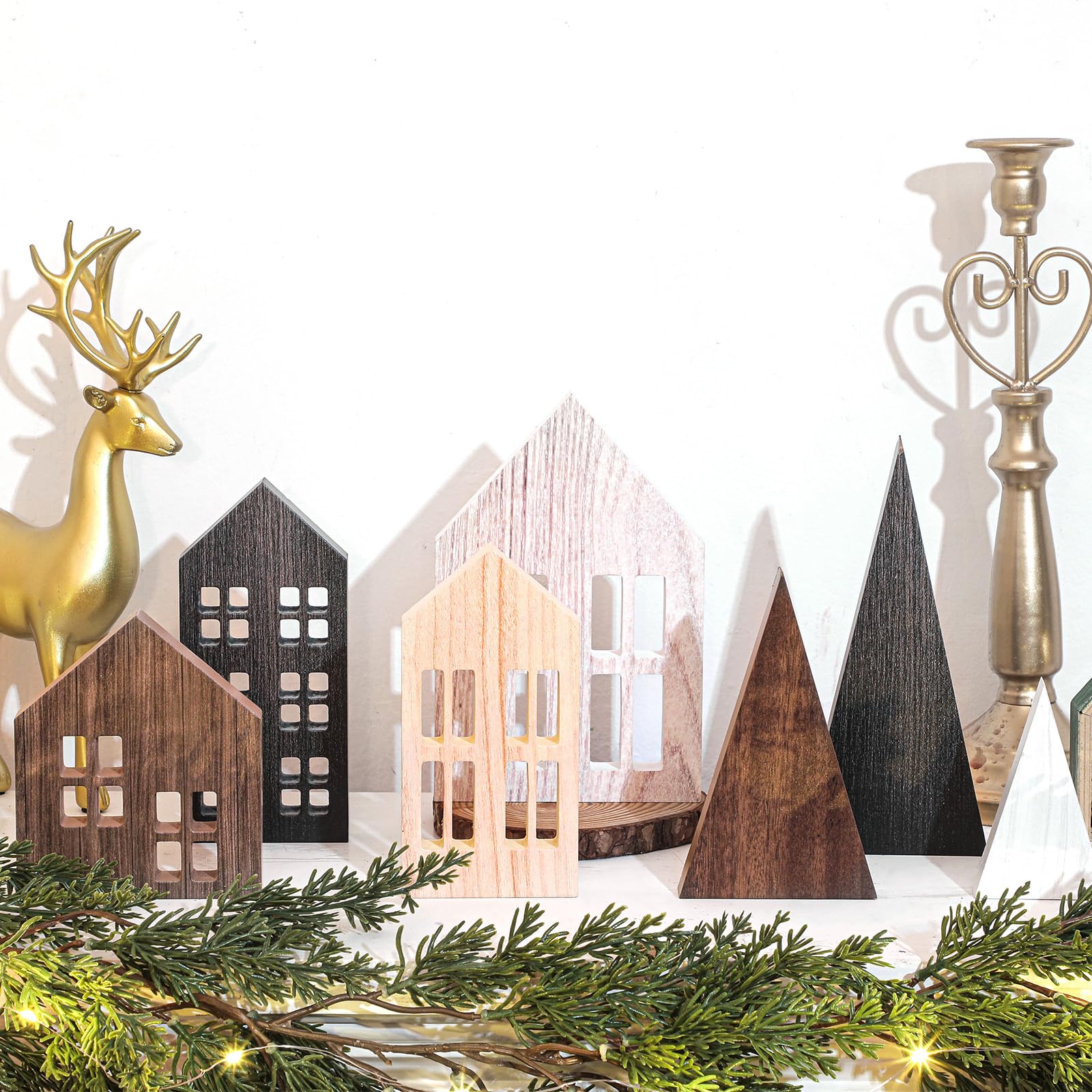 Marsui 7 piezas de decoración de mesa de casa de campo de Navidad, decoración de siluetas de casa de madera rústica, decoración de mesa de árbol, decoración de Navidad para el hogar, decoración de