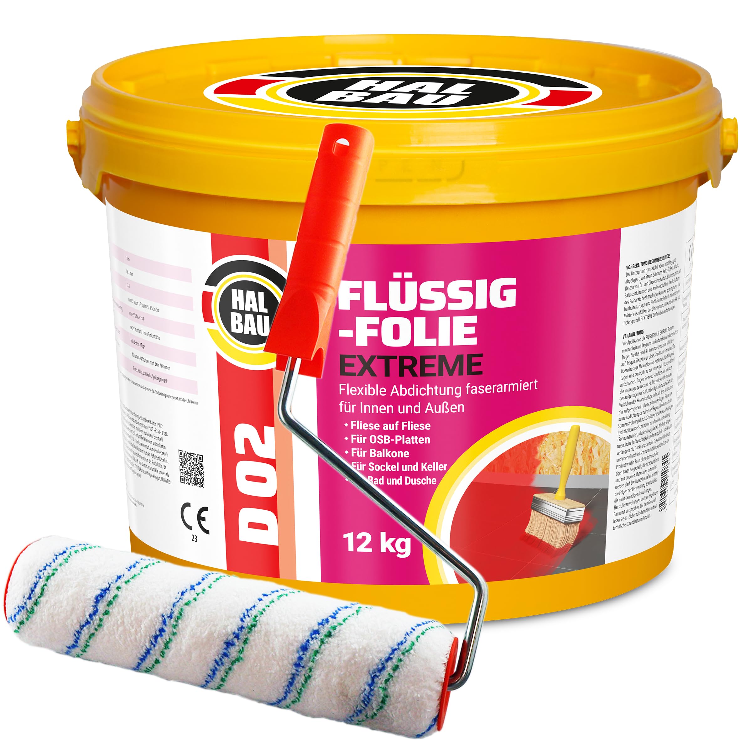 Flüssigfolie 12kg für Innen und Aussen, Faserverstärkte Hochelastische Abdichtung, Wassersperre unter Fliesen, Balkon, Dusche + Farbroller 25cm Halbau SET D02