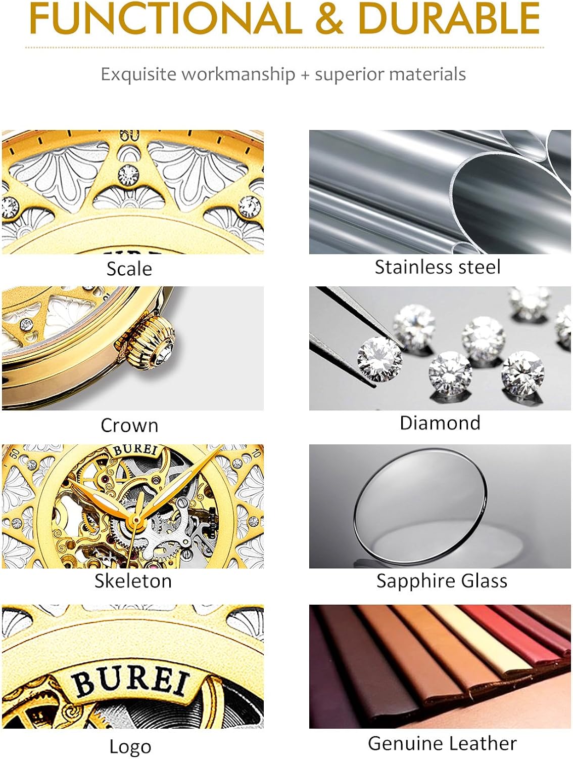 BUREI Orologio da Polso al Automatico, Donna, Movimento scheletro, disco combinatore doro, cinghia rosso pelle BUREI Orologio da Polso al Automatico, Donna, Movimento scheletro, disco combinatore doro, cinghia rosso pelle