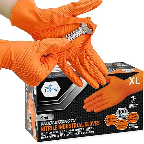 MED PRIDE Maxx Strength - Guantes industriales de nitrilo naranja, 8 mil de grosor, textura de diamante, desechables, resistentes, resistentes a