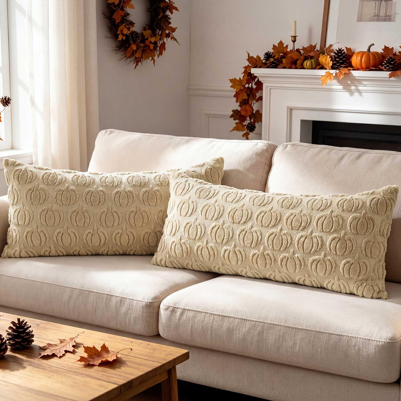 Benjia Fall 16x32 Cushion Covers Set of 2, Lumbar Cushion Case Autumn Pumpkin Throw Pillow Cases Soft Plush Faux Fur Wool Decorative Throw Pillow Covers 40x80cm for Couch Sofa Bed Autumn Decor (Beige) — image 1