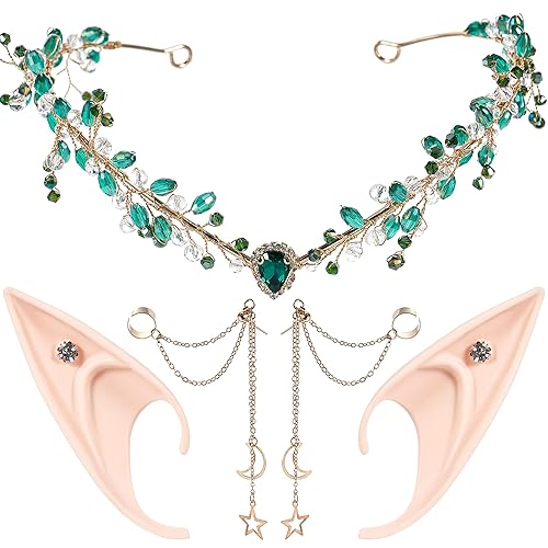 Renaissance Fairy Ears with Elf Crown - 2 Pairs Fairy Ears with Non-Piercing Star Moon Earrings Green Crystal Headpiece Woodland Crown for Women Renfaire Halloween Cosplay Dress Up Prom Accessories