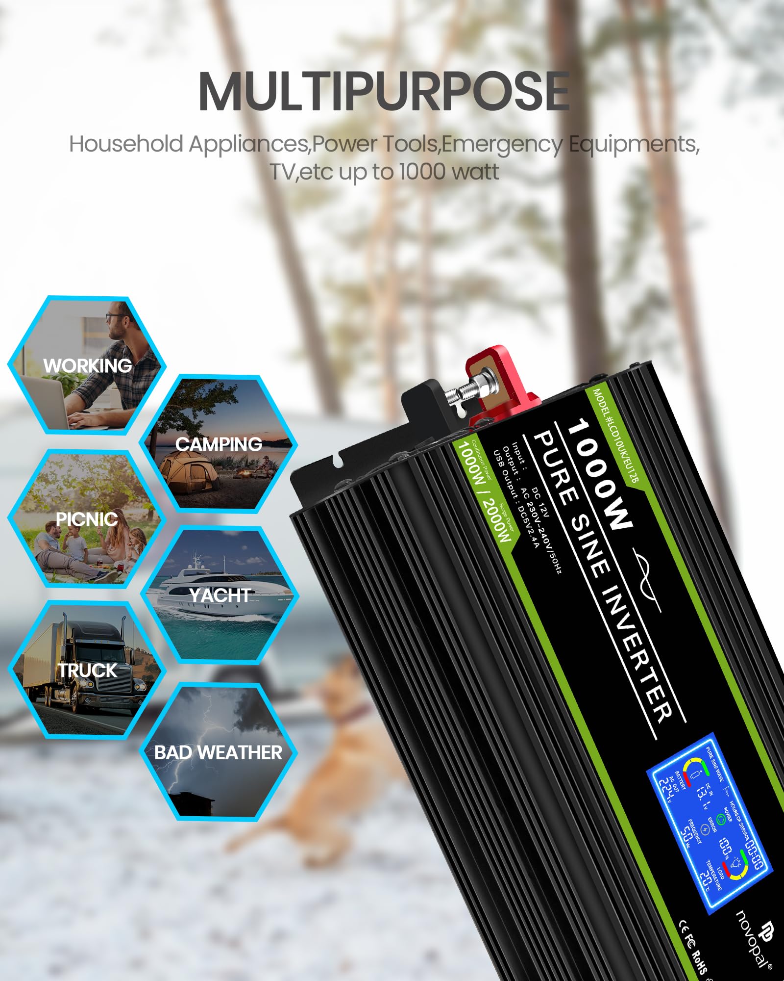 NOVOPAL 1000W Pure Sine Wave Power Inverter DC 12V to AC 220V with LCD Display USB EU Plug Remote Control for Truck Camper Car
