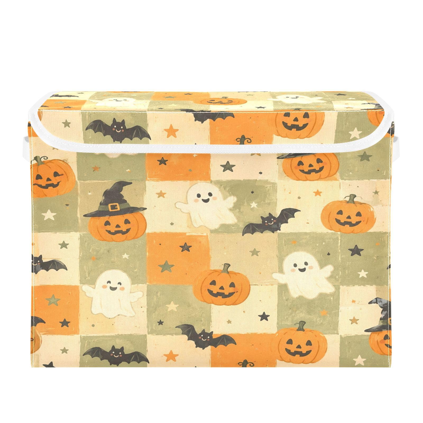 Ewusp Halloween Boo Fabric Storage Bin with Lid, Decorative Foldable Storage Basket with Handles, Stackable Closet Shelf Organiser Box for Clothes, Books, Bedroom, Living Room
