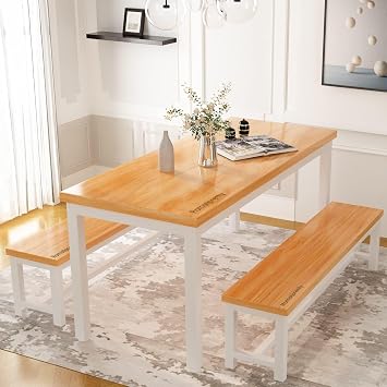 Dining Table Set for 4, Kitchen Table Set with 2 Benches, 3-Piece Dining Table and Chair Set, Dining Room Table Set for Small Space, Kitchen, Dining Room, Apartment, Breakfast Nook, Beige