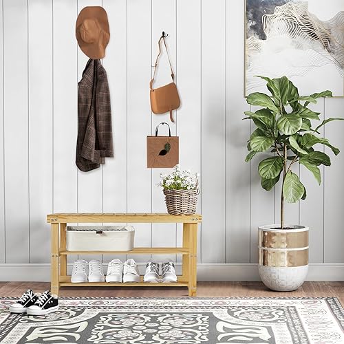 Miniatura 7 de ECOMEX Zapatero para entrada, estante de madera de 3 niveles, organizador de zapatos, banco organizador de zapatos, banco de entrada para