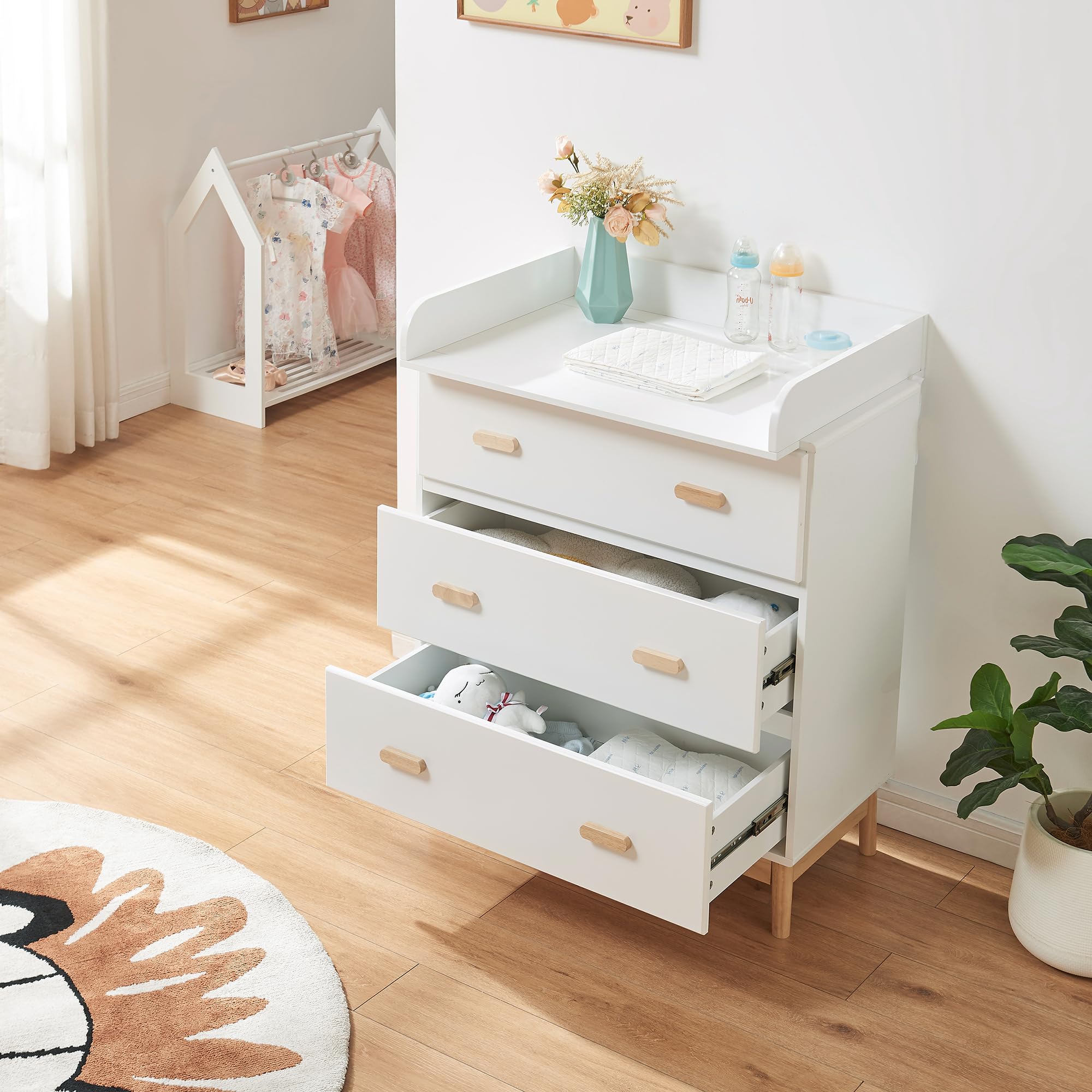 [en.casa] Cassettiera con Piano Fasciatoio Rimovibile Comò per la Cura del Bambino Neonato con 3 Cassetti Mobile Contenitore per Cameretta 100 x 80 x 53 cm - Bianco