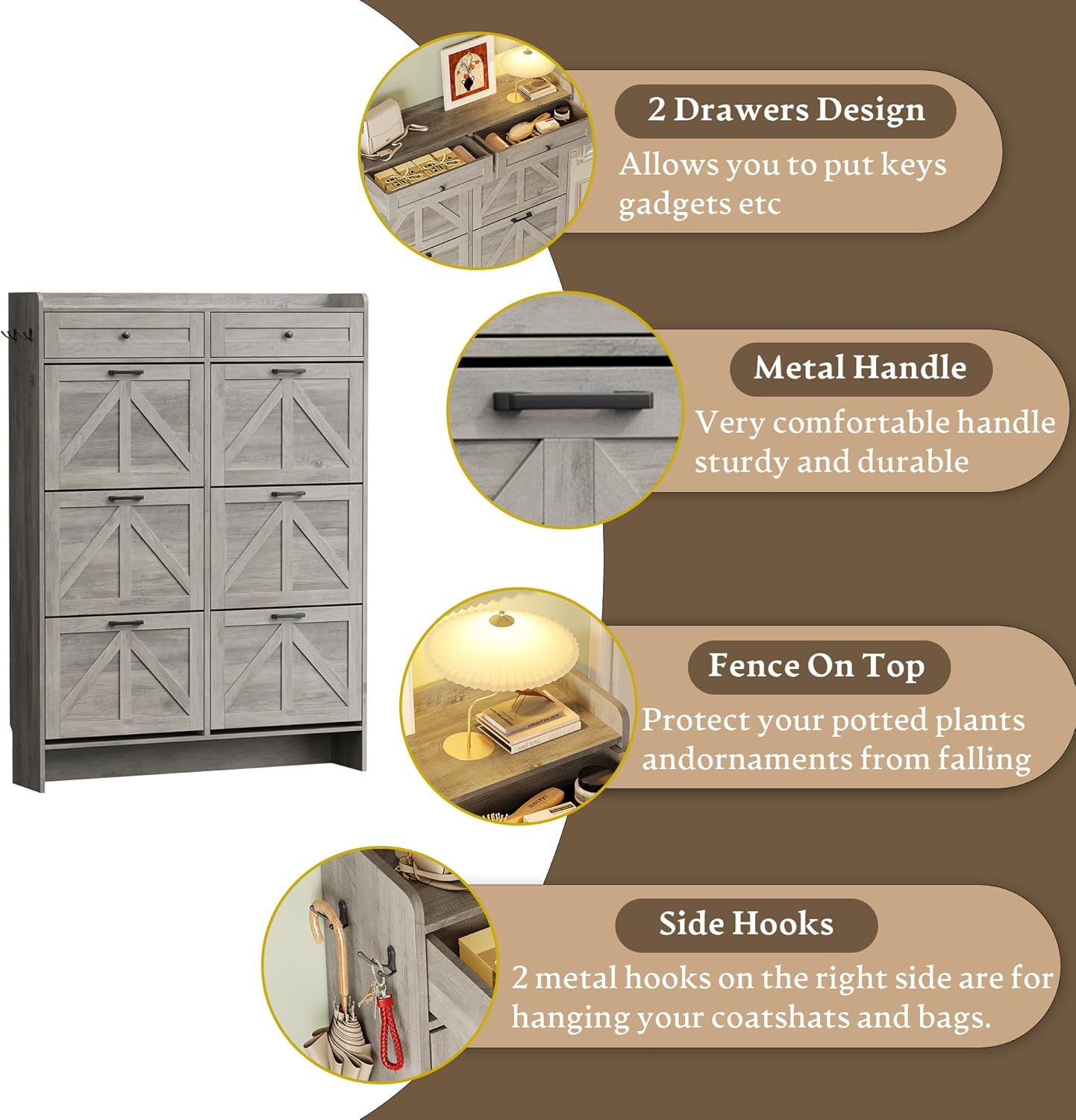 BORNOON Shoe Cabinet for Entryway, Farmhouse Shoe Storage Cabinet with 6 Flip Drawers and 2 Top Drawers, Tall Narrow Shoe Organizer Cabinet with Adjustable Shelves, Side Hooks and Anti-Tip Kit