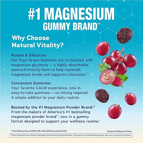 Miniatura 4 de Natural Vitality Calm Gomitas de glicinato de magnesio  Sabor a uva de sopa  Suplemento sin OMG, vegano y sin gluten  50 unidades
