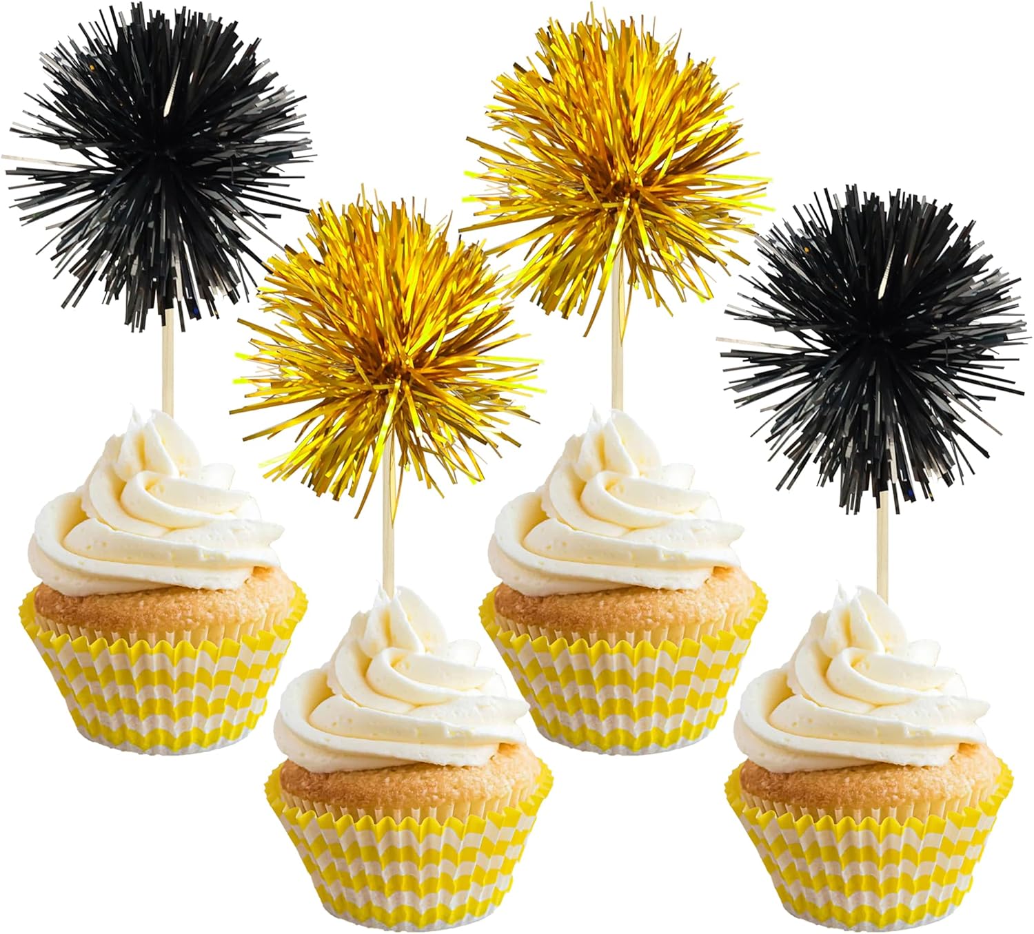 Gyufise 30Pcs Foil Firework Cupcake Toppers Sparkle Tinsel Cake Toppers Tinsel Drink Cake Decoration Cocktail Picks for Birthday Wedding Graduation Party Supplies Gold Black