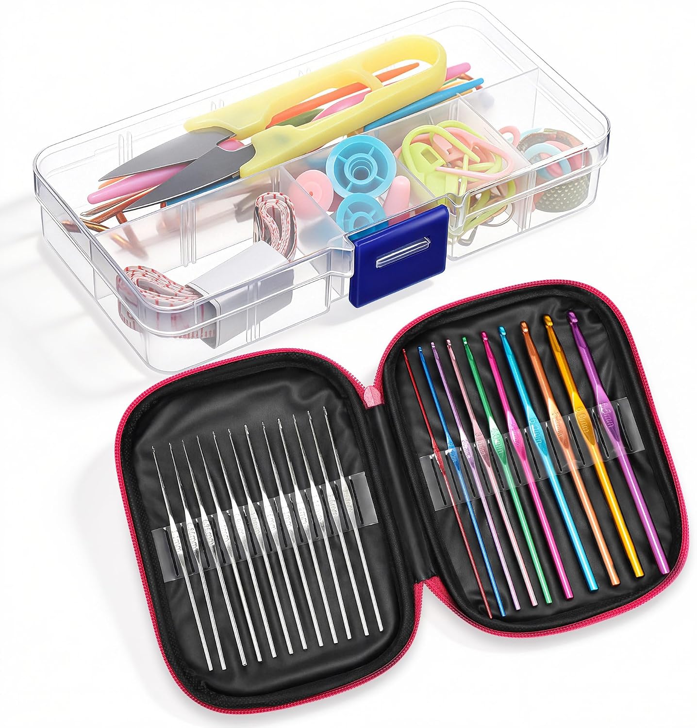 Dunkive 22-Piece Crochet Hooks Set with Case and Complete Knitting Accessories Kit, Aluminum Ergonomic Crochet Hooks, Stitch Holders, Needles & Stitch Markers for Beginners and Arthritic Hands