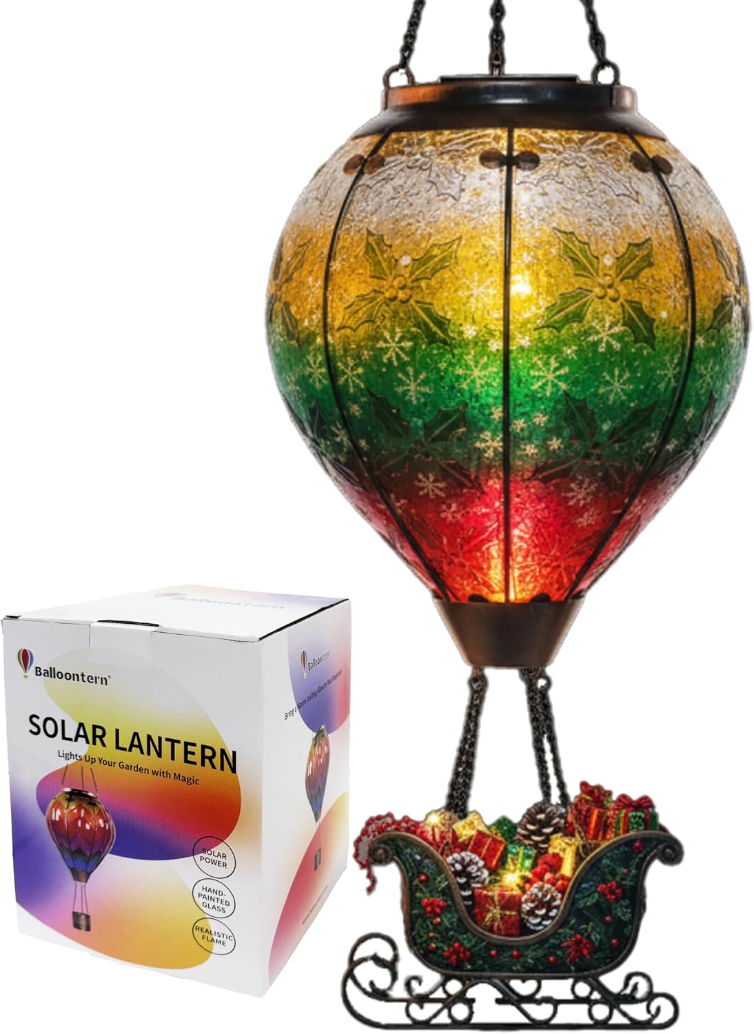 Christmas Hot Air Balloon Solar Lantern with Santa Sleigh and Flame