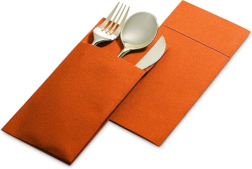 Miniatura 3 de Servilletas desechables de lino con bolsillo integrado para cubiertos, paquete de 50 servilletas de papel preplegadas de color naranja para cenas,