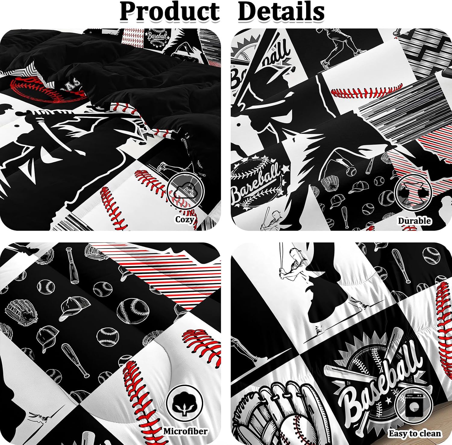 5 Pcs Baseball Full Bedding Set for Boys Teens, Full Size Sports Cool Baseball Boys Comforter Set with Sheets