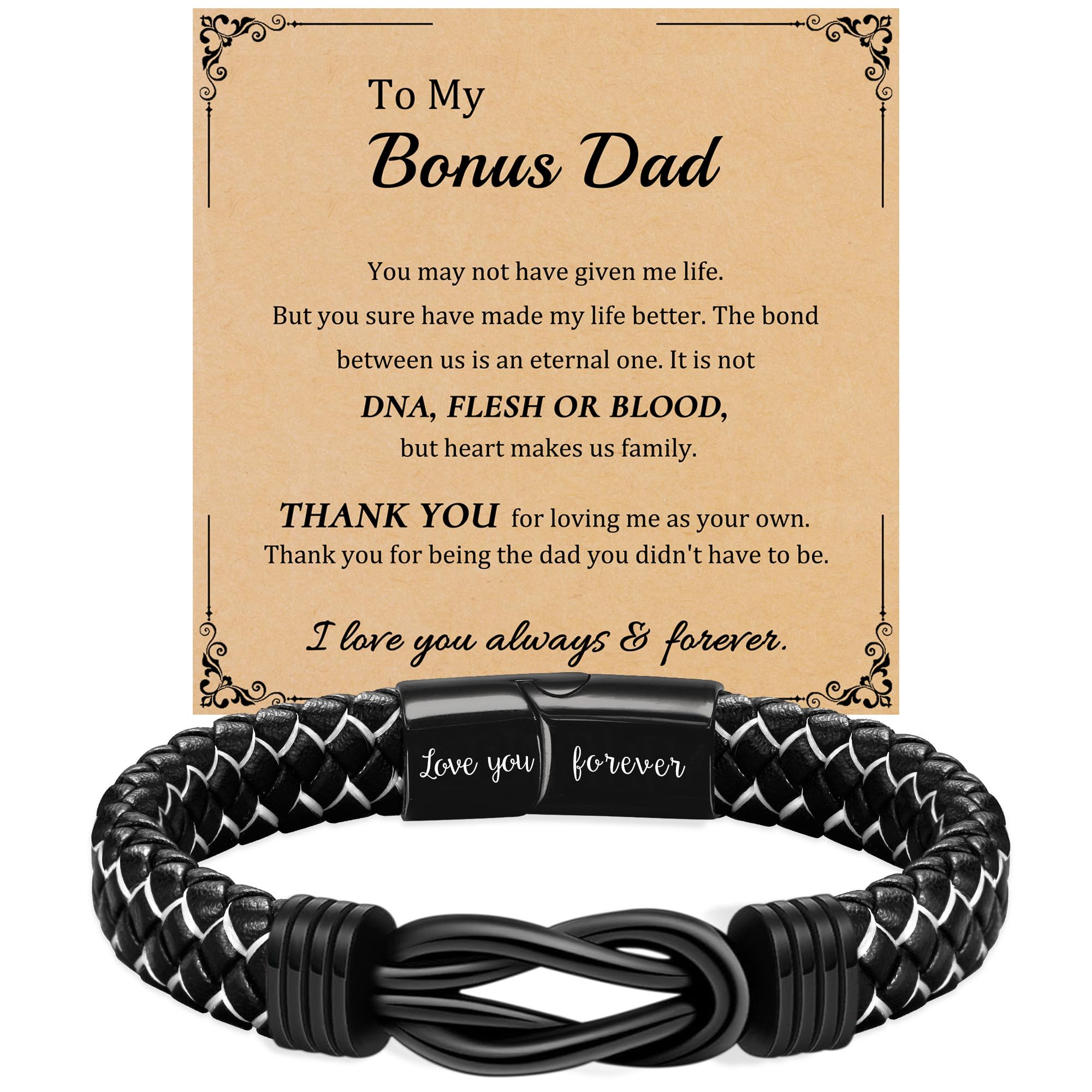 DONYUDE Fathers Day Gifts Leather Bracelet for Men Black Braided Infinity Bracelets for Him Dad Grandson Love You Forever Gift Bracelets for Boyfriend Husband Son 7.5"-9"