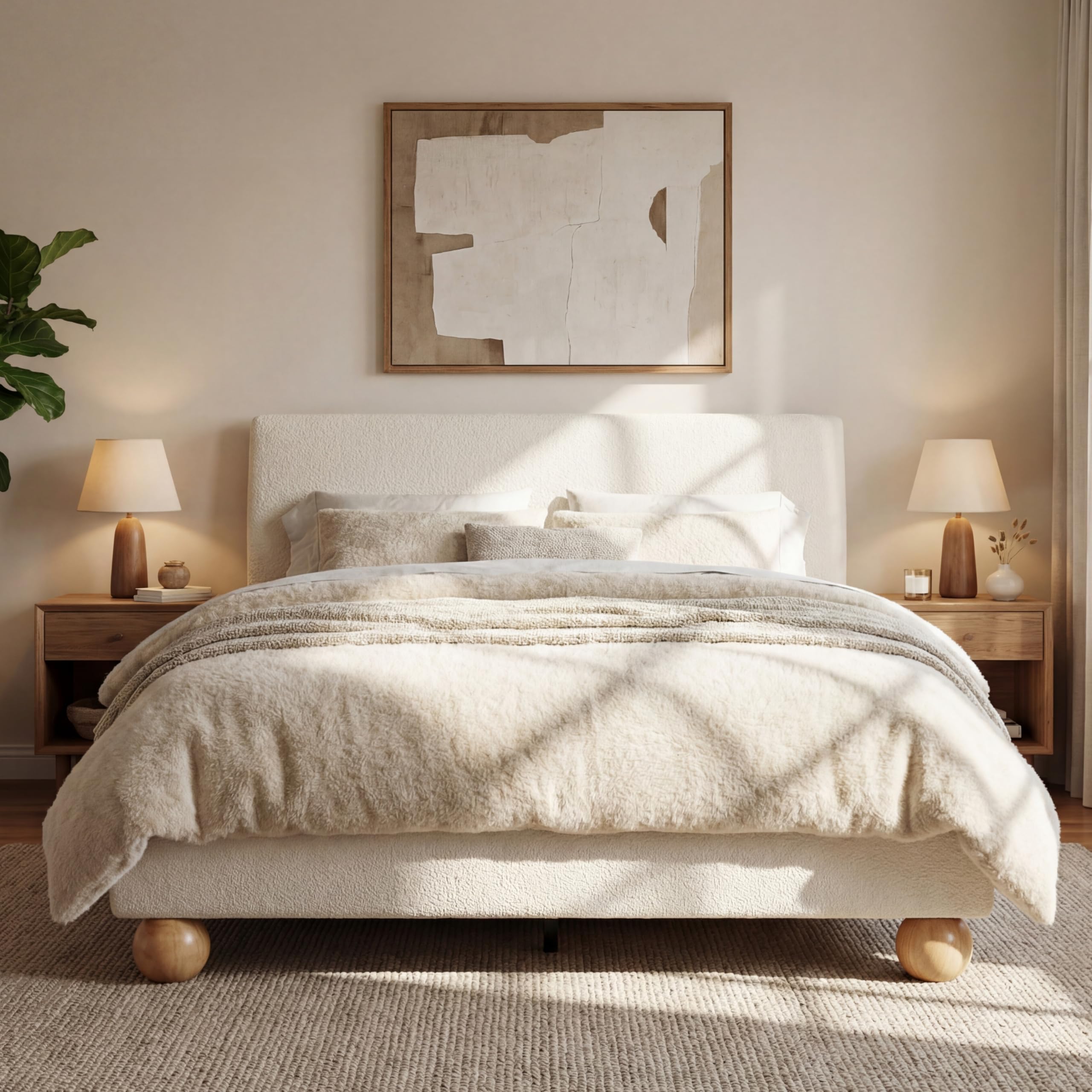 Photo 1 of *** PARTIAL SET - BOX 1 OF 2 ONLY *** Merax Queen Size Velvet Upholstered Bed Frame, Thick Curved Headboard with Round Solid Wood Legs, 800 lbs Capacity, No Box Spring Needed, Easy Assembly, Brown