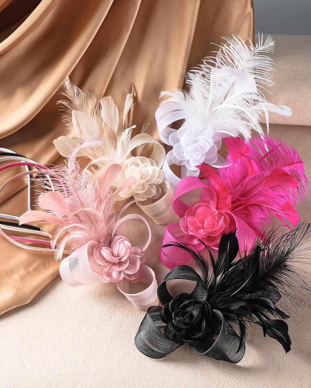 Zinniday Elegant Fascinators Hats Set, 5 Pcs 2026 Feather Tea Party Hats 1920s 50s Derby Fascinators for Women Prom Church